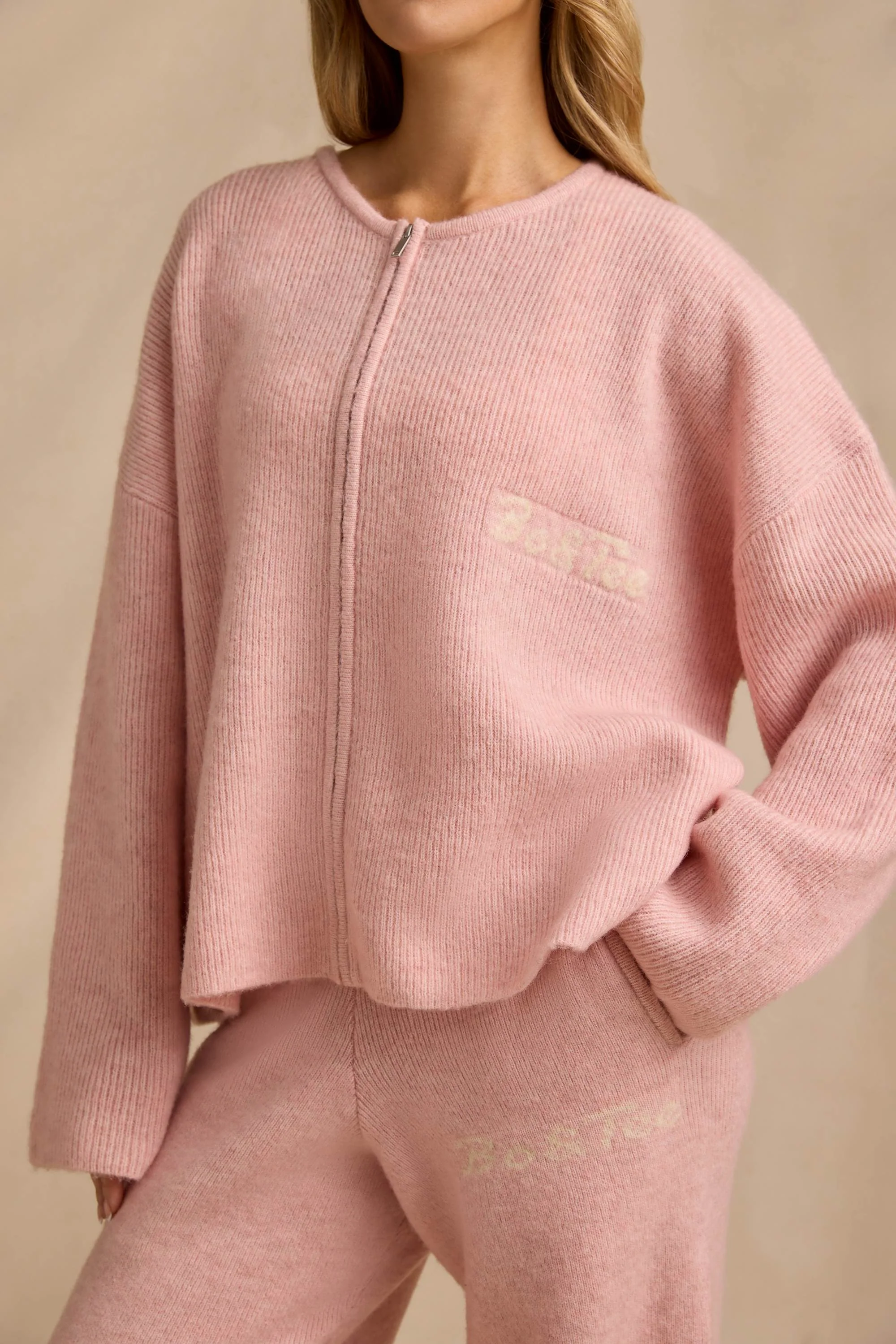 Oversized Zip-Up Cardigan in Blush Pink