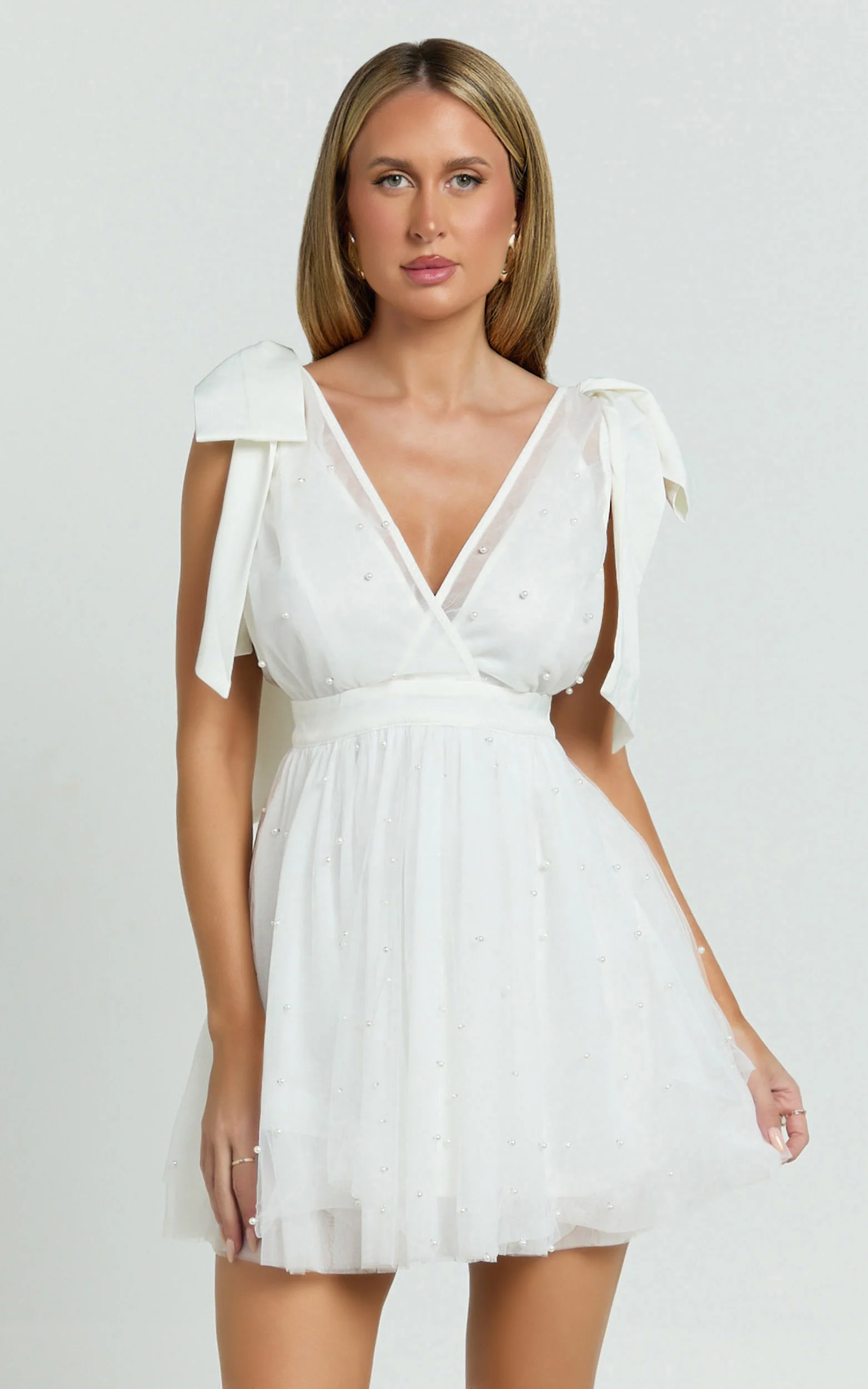 Karalyn Mini Dress - Bow Strap Plunge Pearl Detail Dress in White