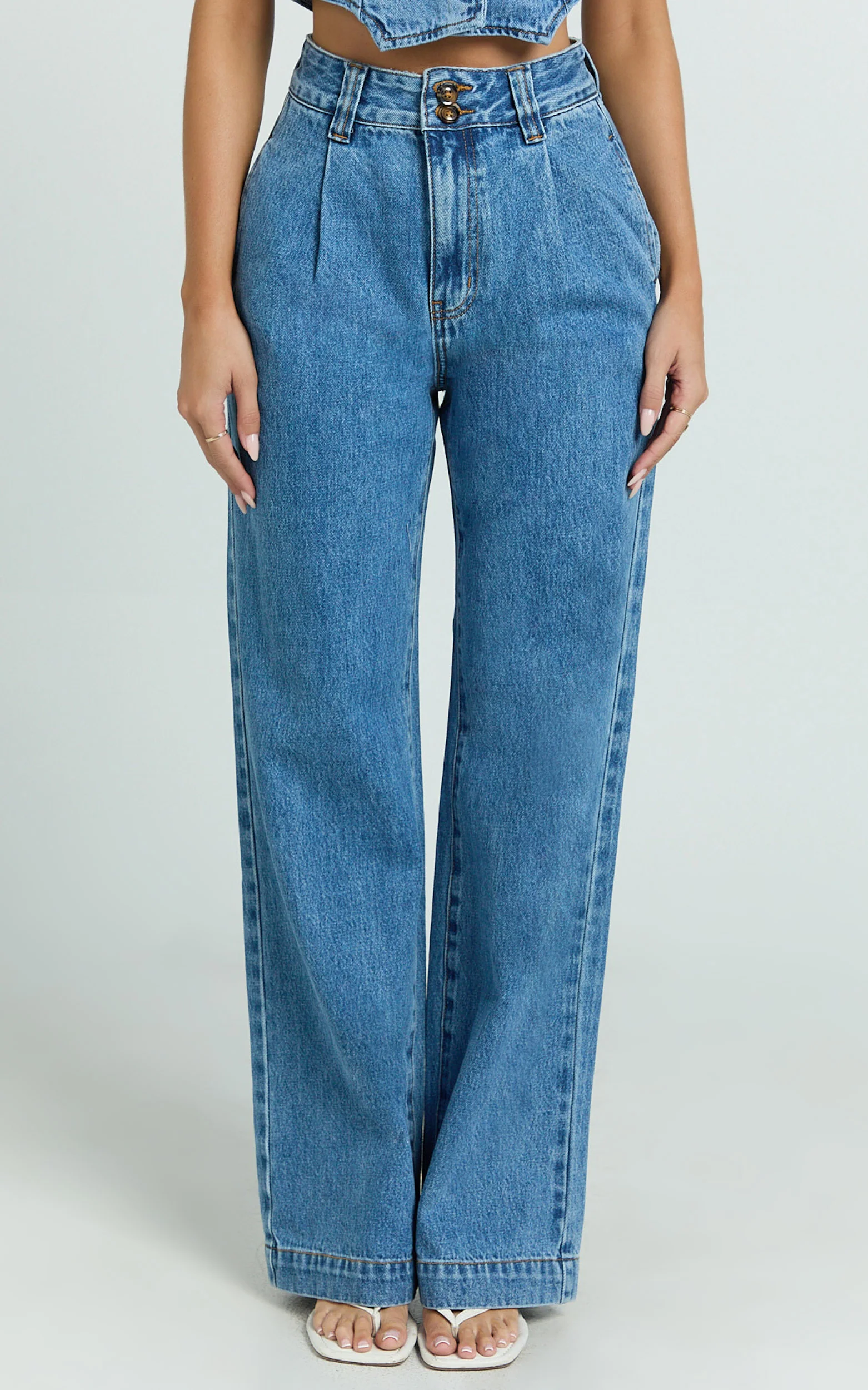 Fergie Jeans - Denim High Waisted Straight Leg Denim Jeans in Mid Blue Wash