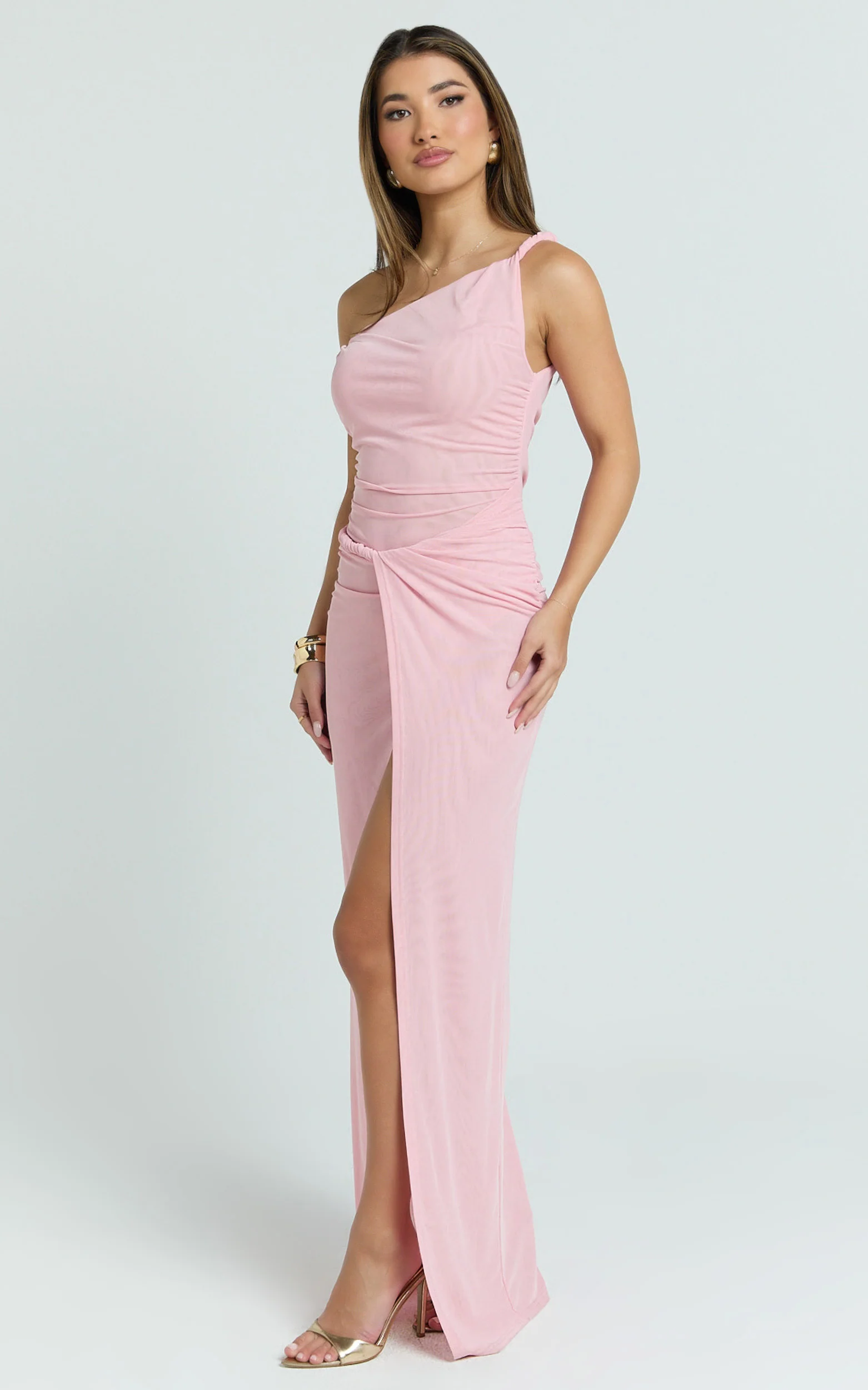Nicolette Maxi Dress - One Shoulder Faux Wrap Bodycon Dress in Blush