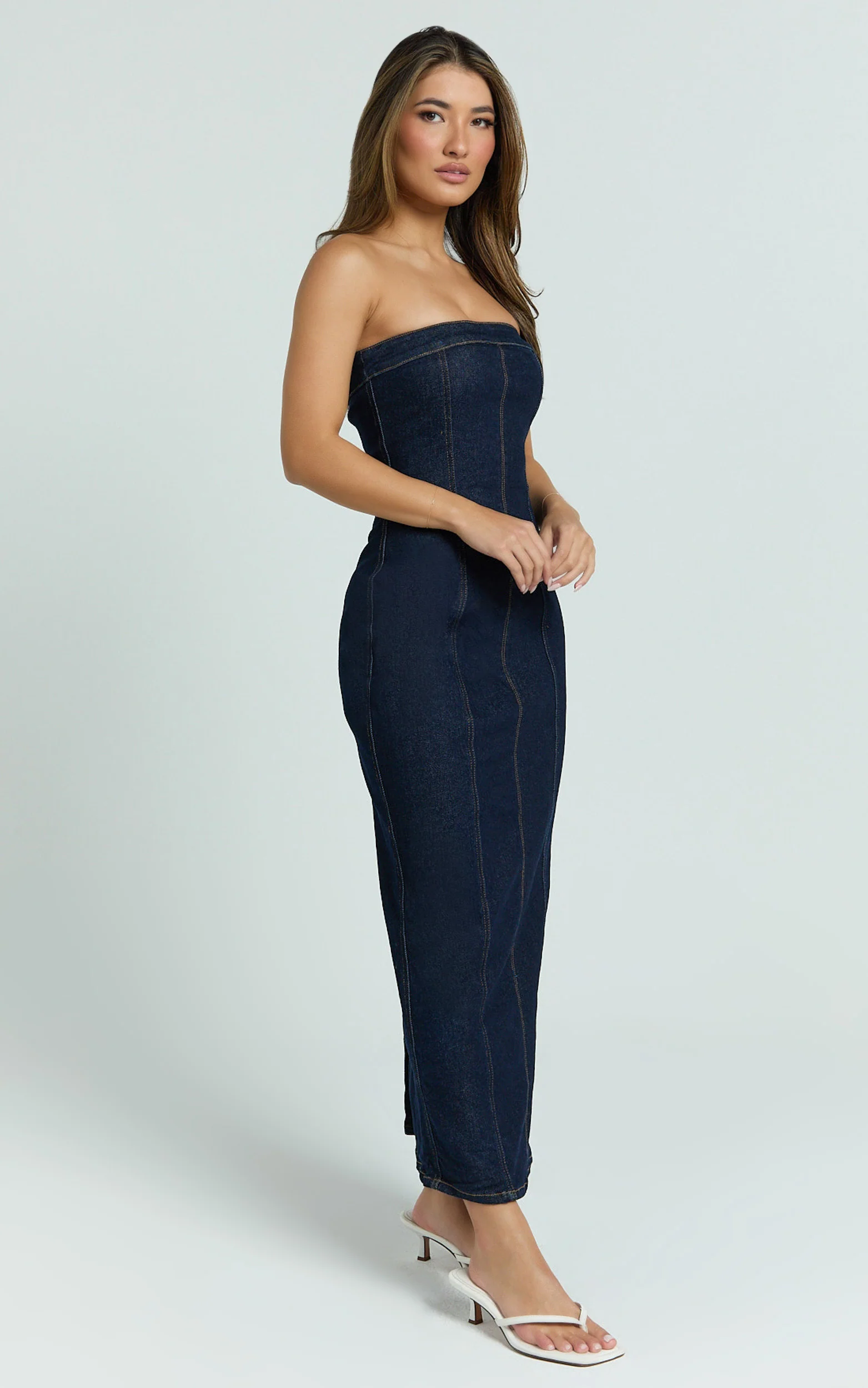 Keziah Maxi Dress - Denim Strapless Bodycon Dress in Indigo Wash