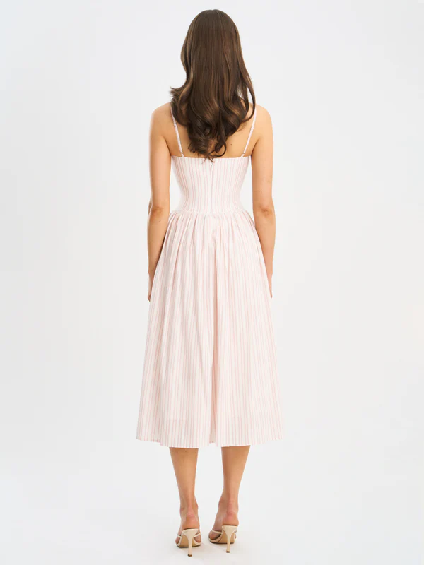 Zania Pink Stripe Ruched Breast Cotton Jacquard Midi Dress