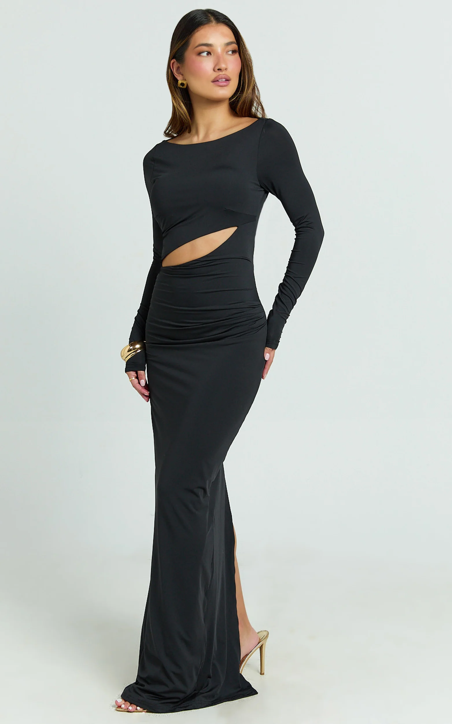 Hannah Maxi Dress - Long Sleeve Cut Out Low Back Bodycon Dress in Black