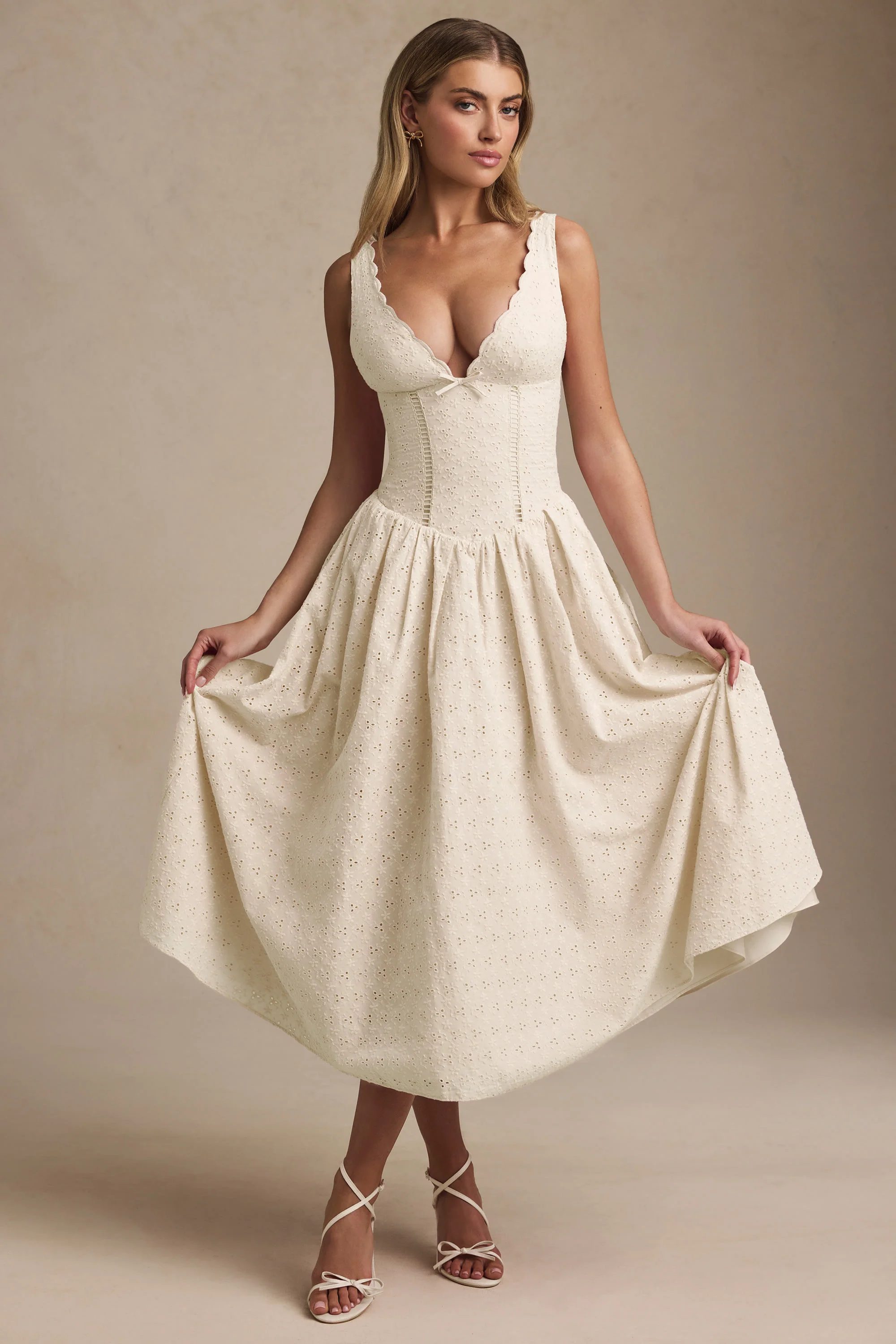 Broderie Anglaise Bow-Detail A-Line Midaxi Dress in Ivory