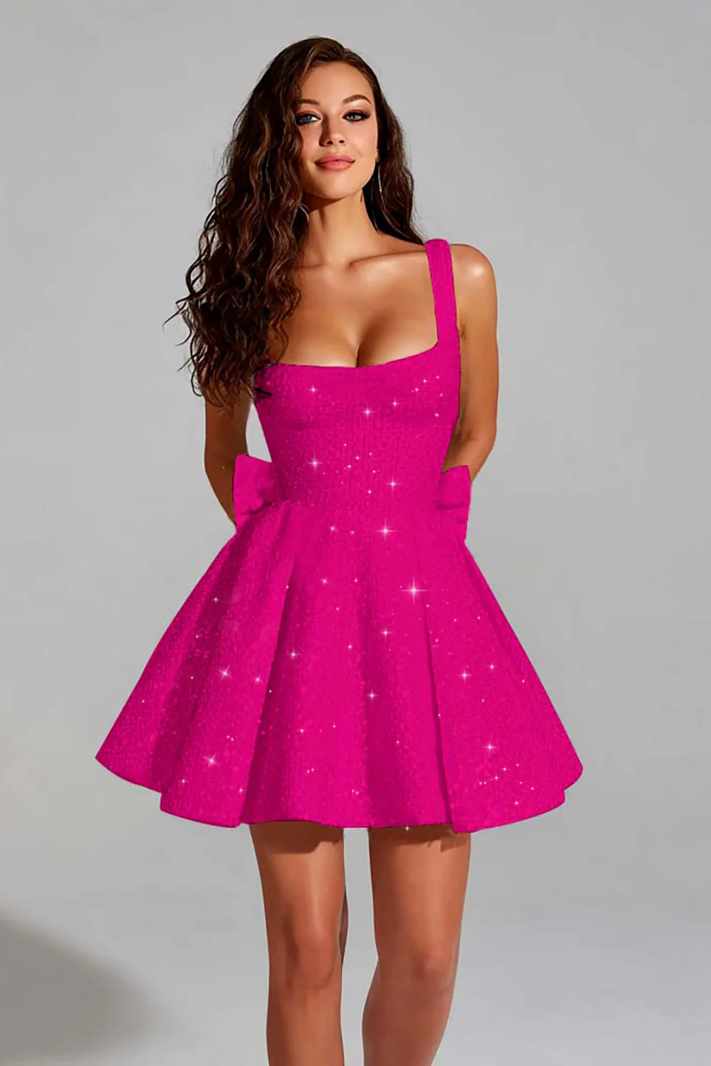 Sparkly Fuchsia Sequin A Line Scoop Short Homecoming Dress with Bow