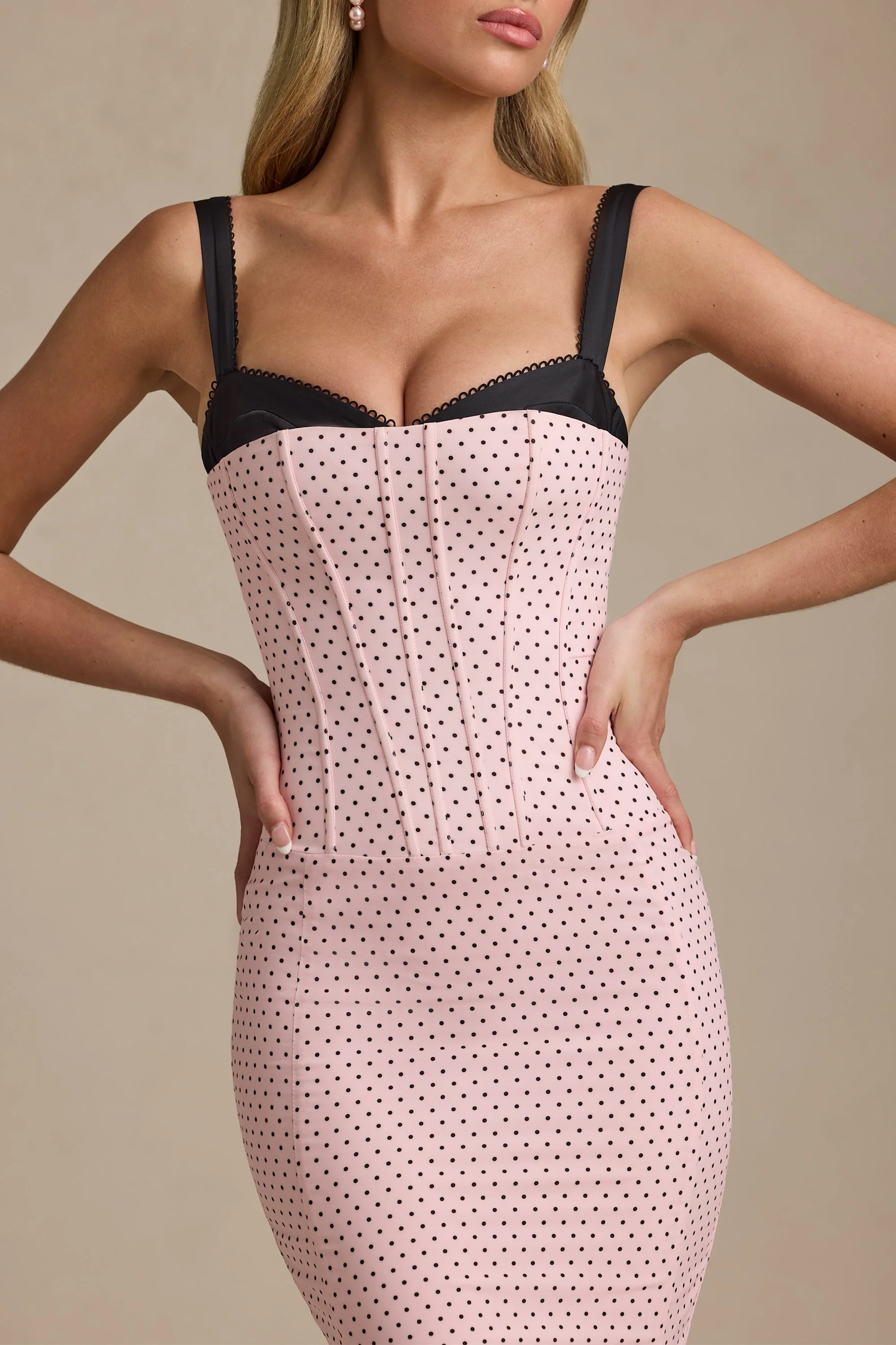 Layered Bra-Detail Fishtail Midaxi Dress in Pink Polka Dot
