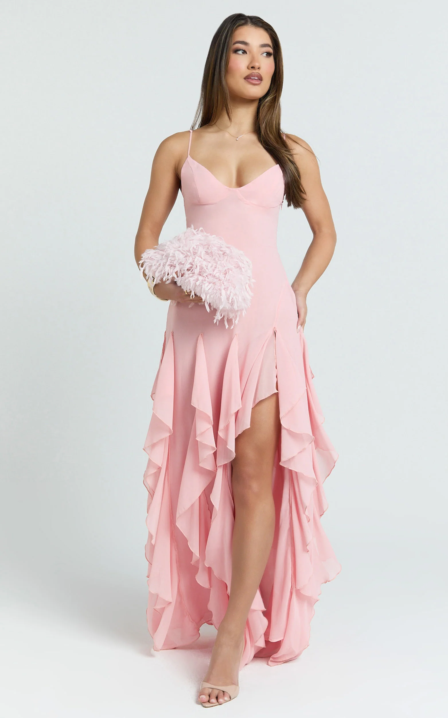 Maeve Maxi Dress - V Neck Ruffle Tier Slip Dress in Pink