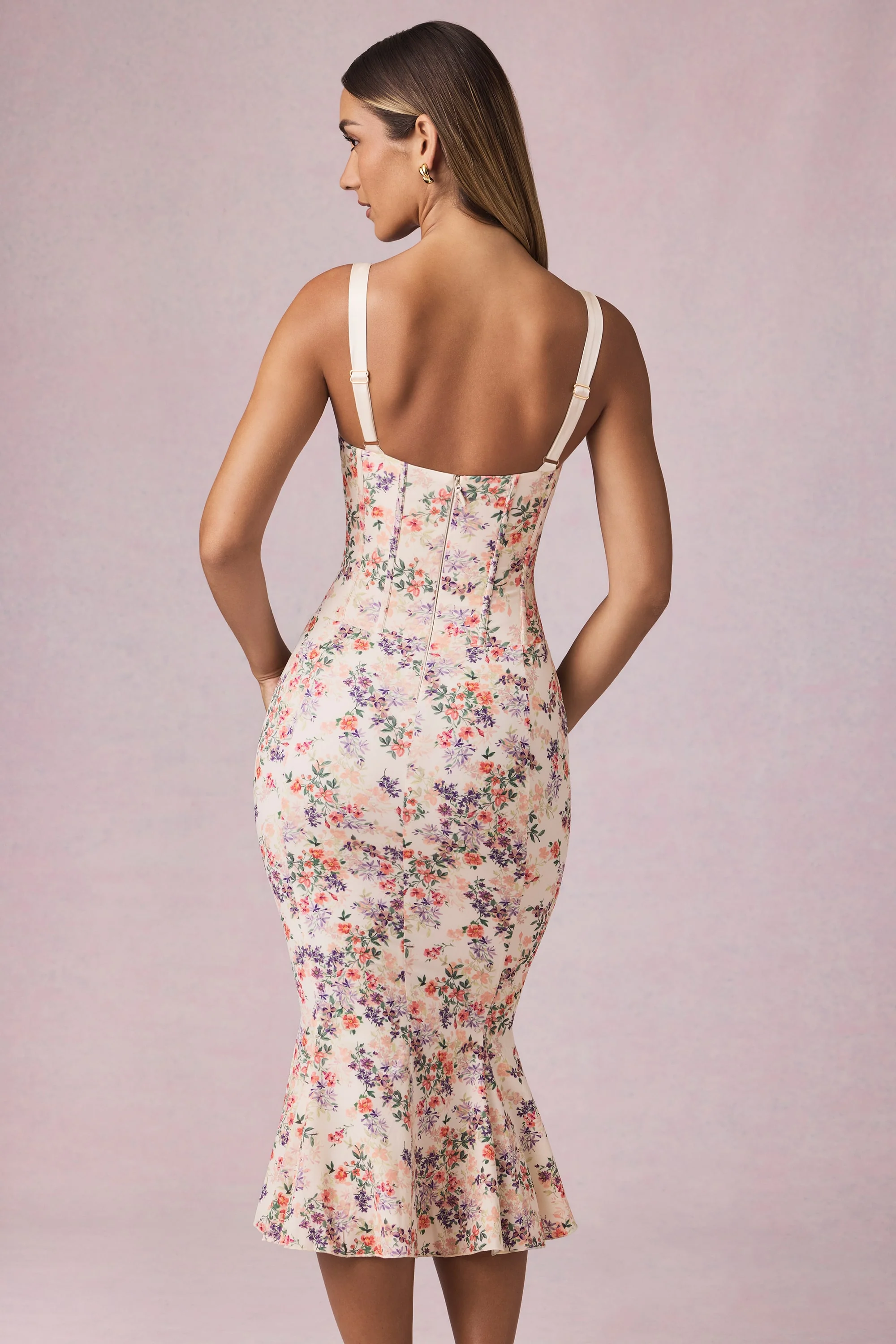 Layered Bra-Detail Fishtail Midaxi Dress in Primrose Floral Print