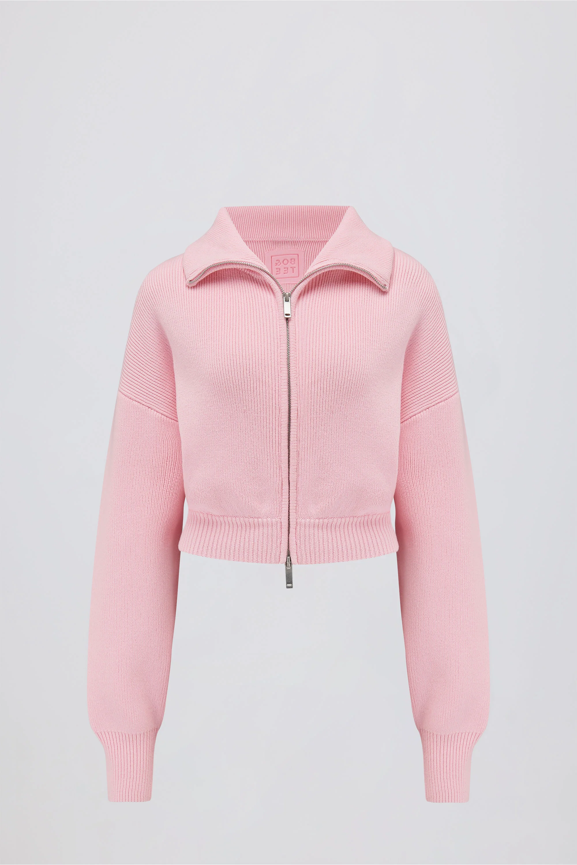 Ribbed-Knit Cropped Zip-Up Sweatshirt in Pale Pink