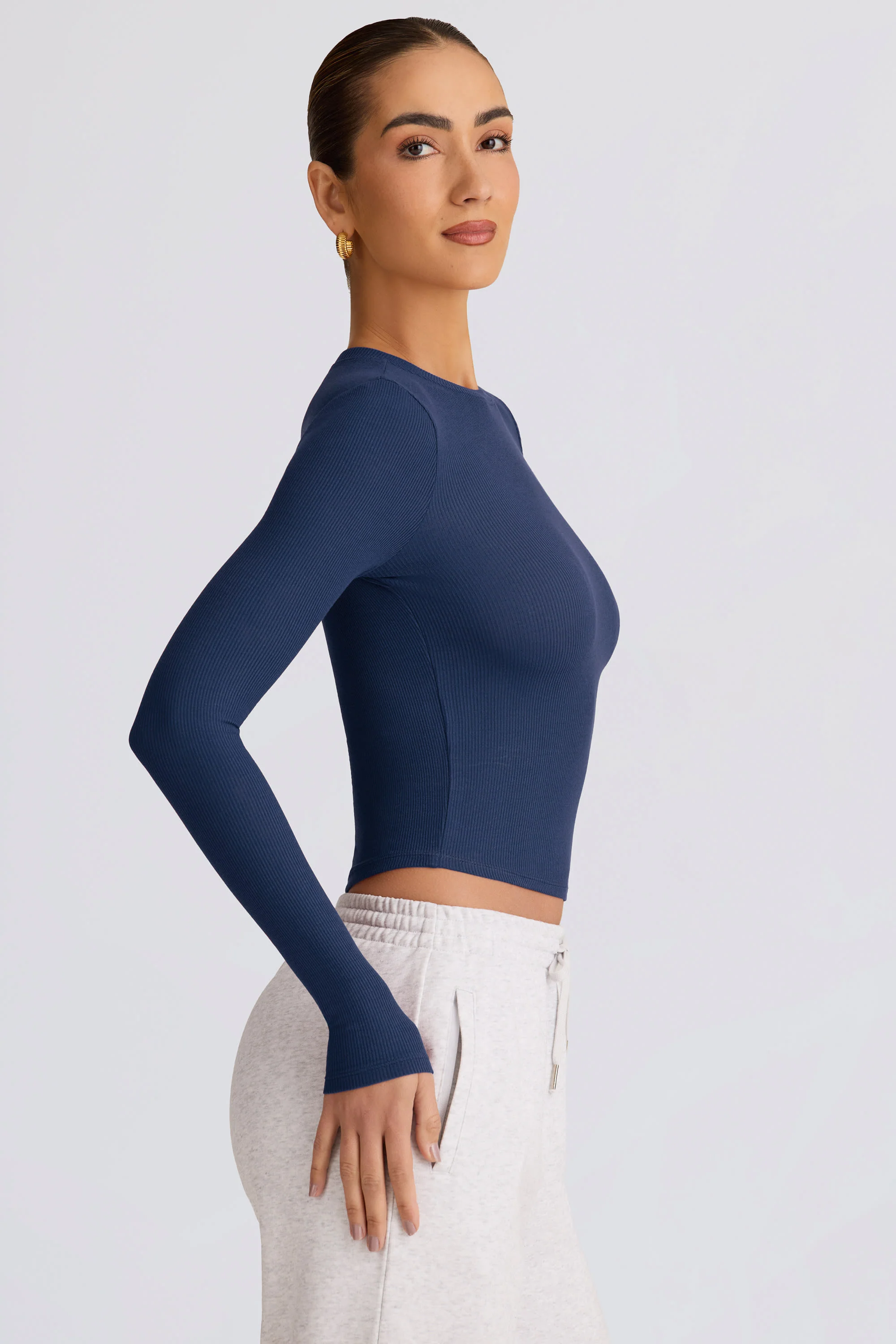 Ribbed Modal Long-Sleeve Top in Dark Navy
