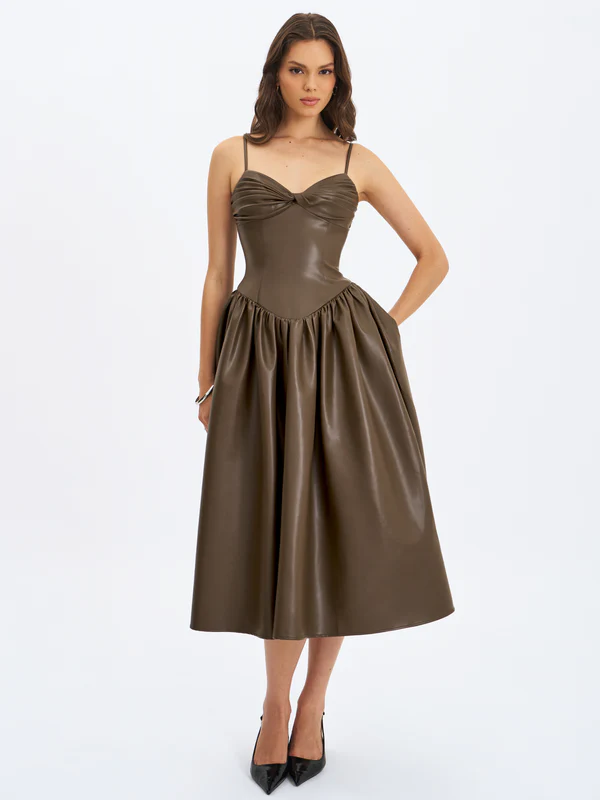 Parisia Cocoa Vegan Leather Drop Waist Maxi Dress