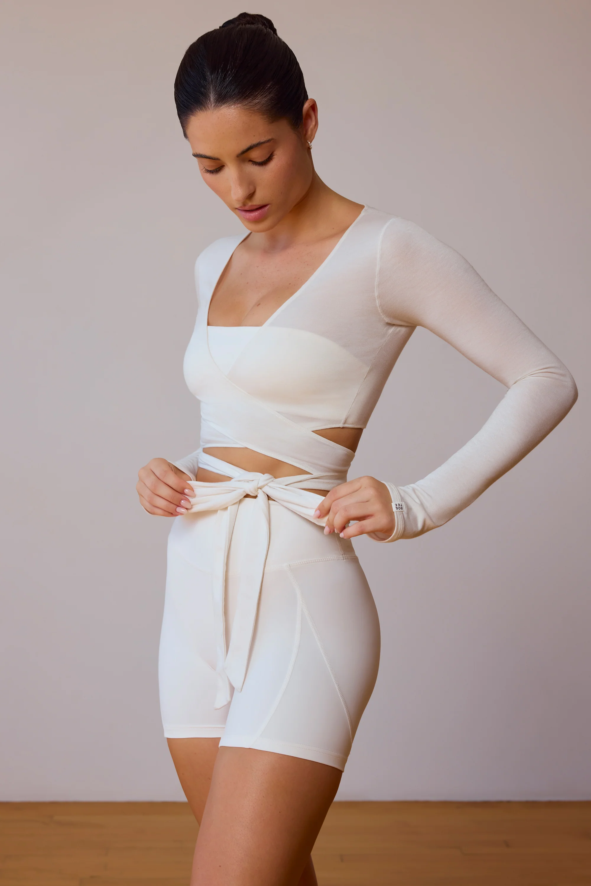 Long-Sleeve Wrap Crop Top in Soft White