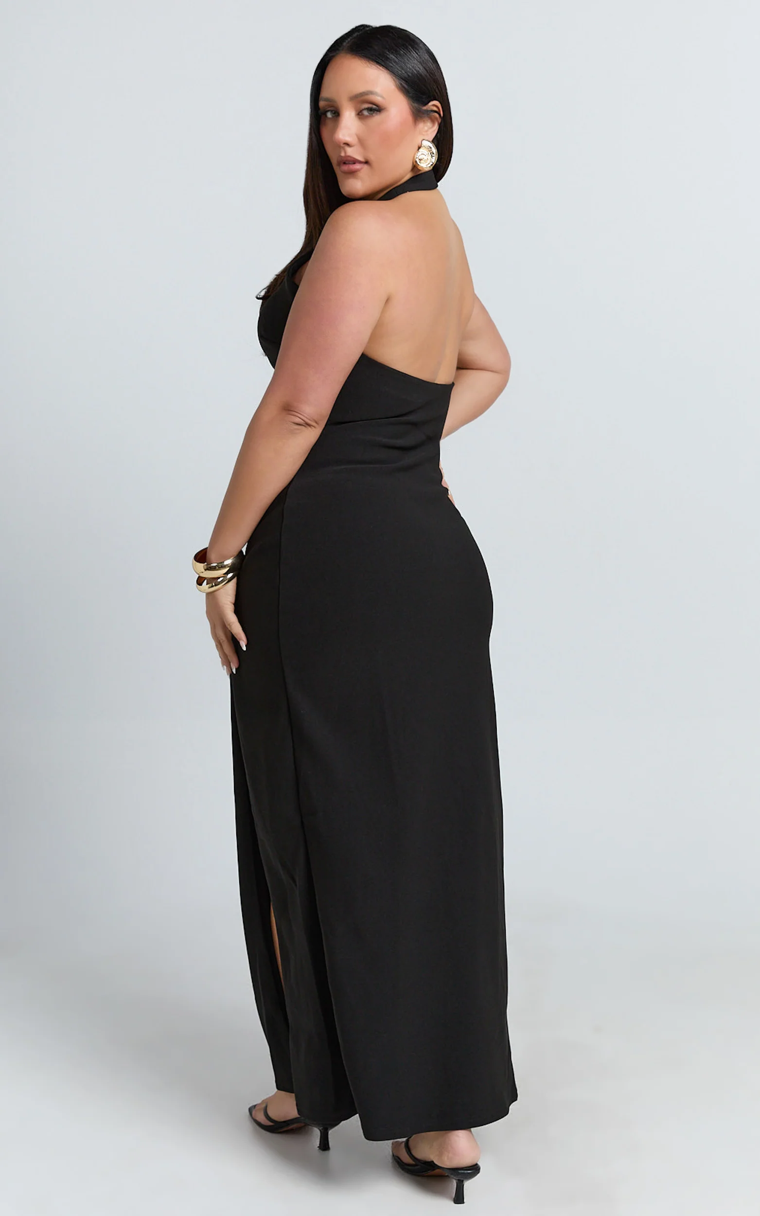 Ruby Maxi Dress - Halter Scoop Neck Low Back Bodycon Dress in Black
