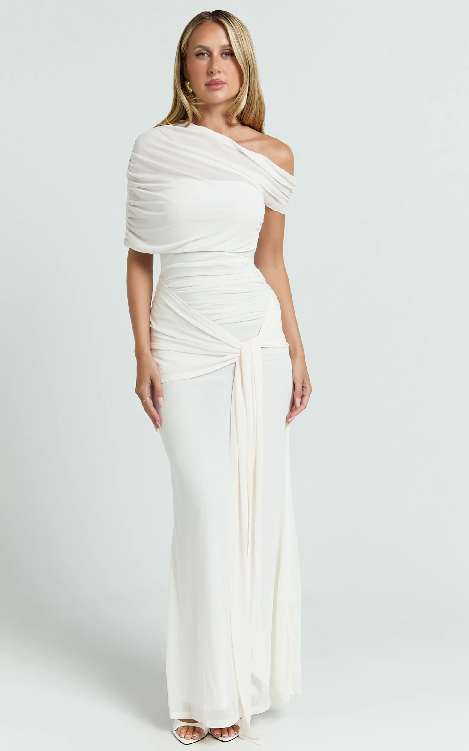 Nicolette Maxi Dress - Cape Sleeve Off Shoulder Dress in Cream