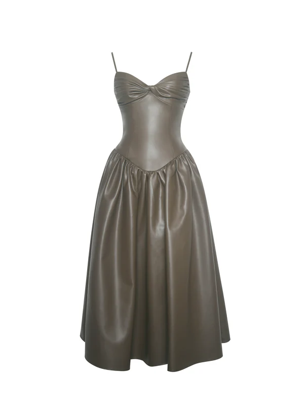 Parisia Cocoa Vegan Leather Drop Waist Maxi Dress