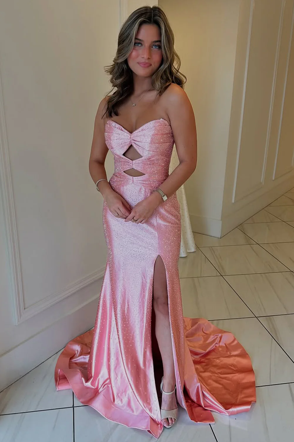 Cute Hot Pink Mermaid Strapless Long Beaded Prom Dress with Slit