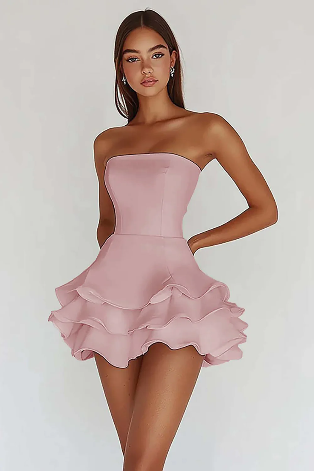 Satin White A Line Strapless Graduation Homecoming Dress with Ruffles