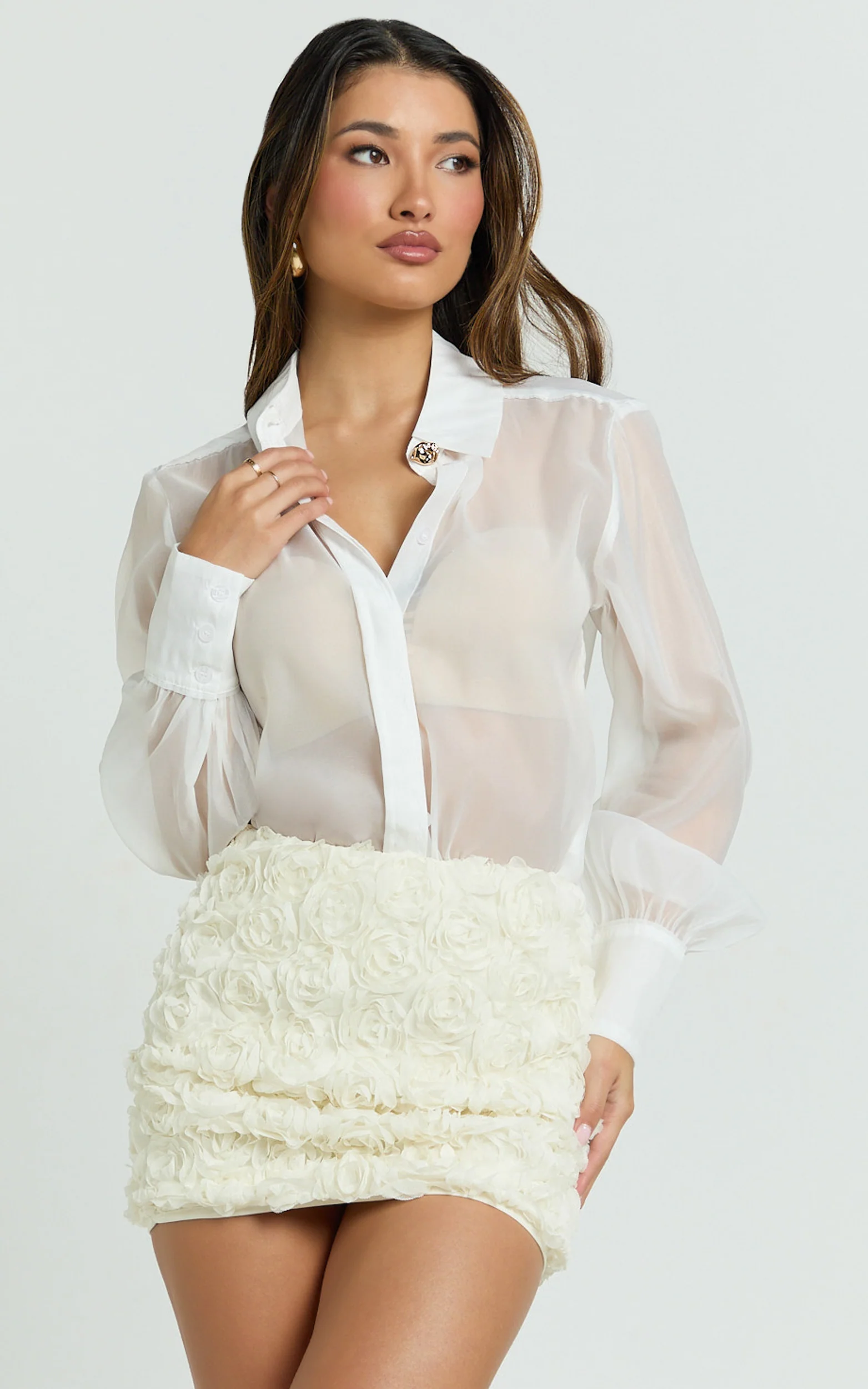 Alvana Shirt - Organza Gold Hardware Feature Button Blouse Shirt in White