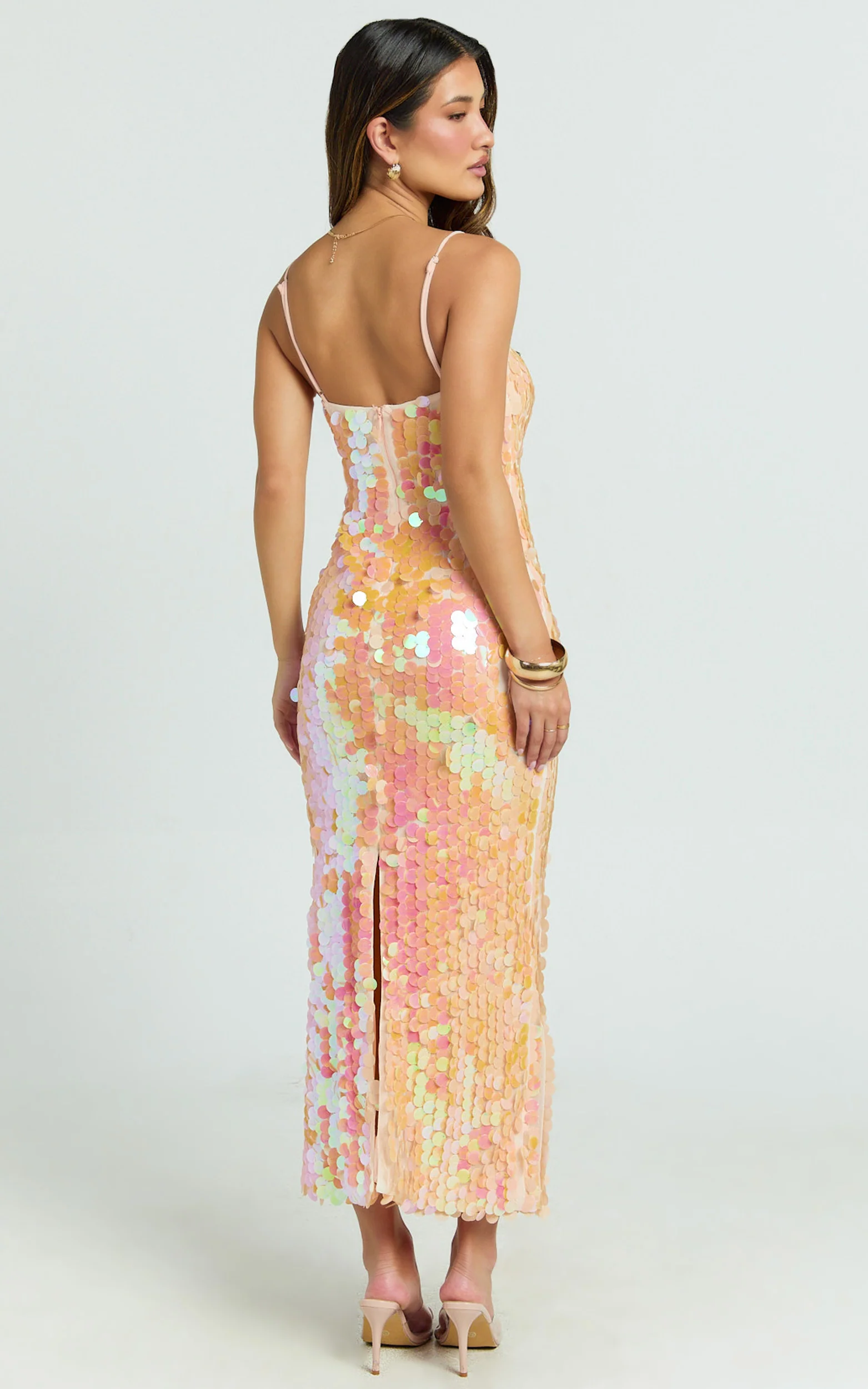 Casey Midi Dress - Square Neck Sequin Bodycon Dress in Peach