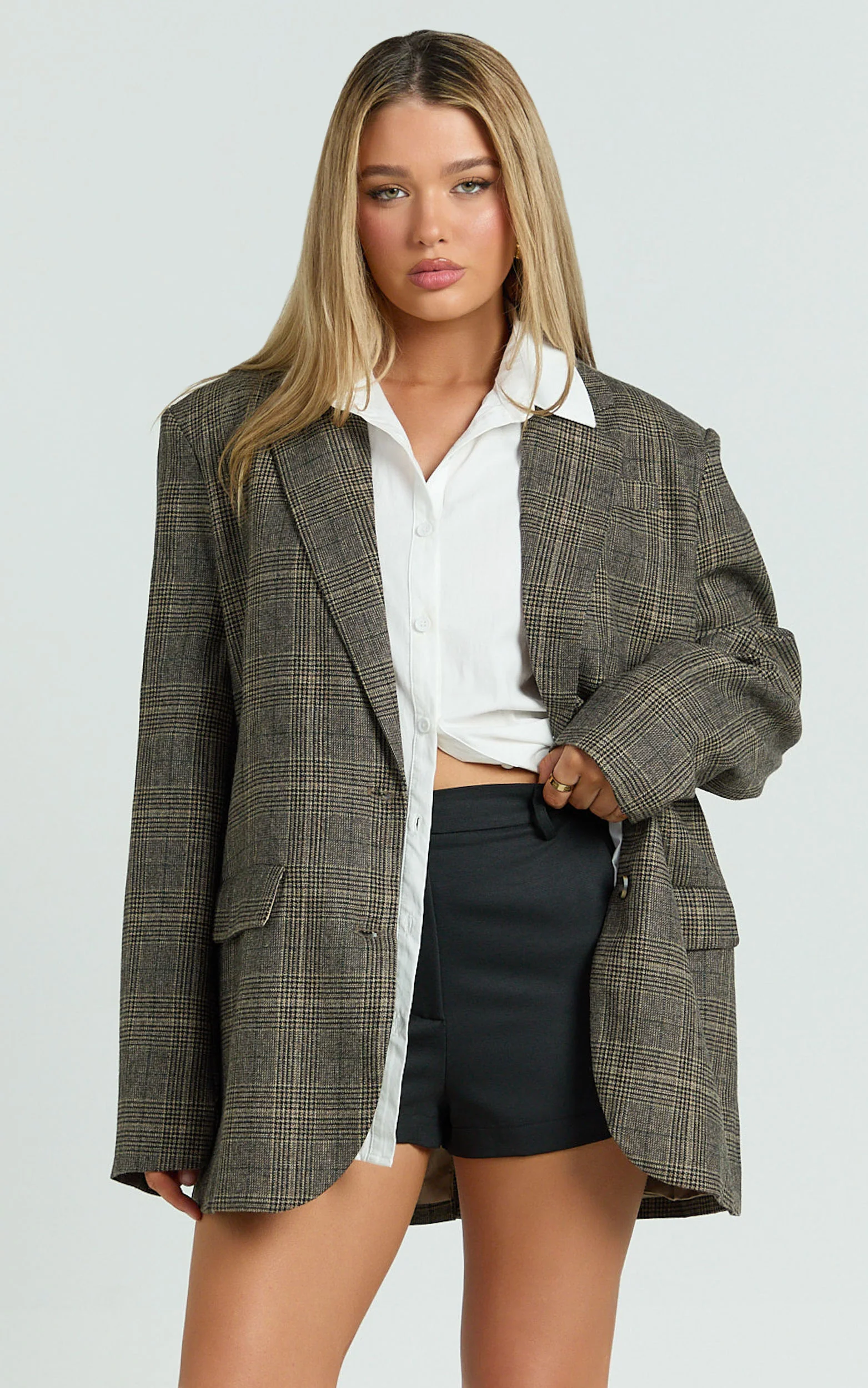 Vivi Blazer - Single Breasted Oversized Check Blazer in Dark Brown