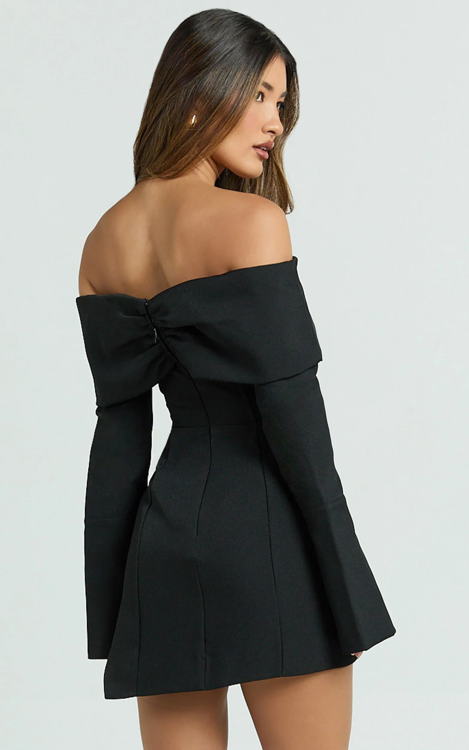 Cyrus Mini Dress - Off Shoulder Long Sleeve Fit And Flare Dress in Black
