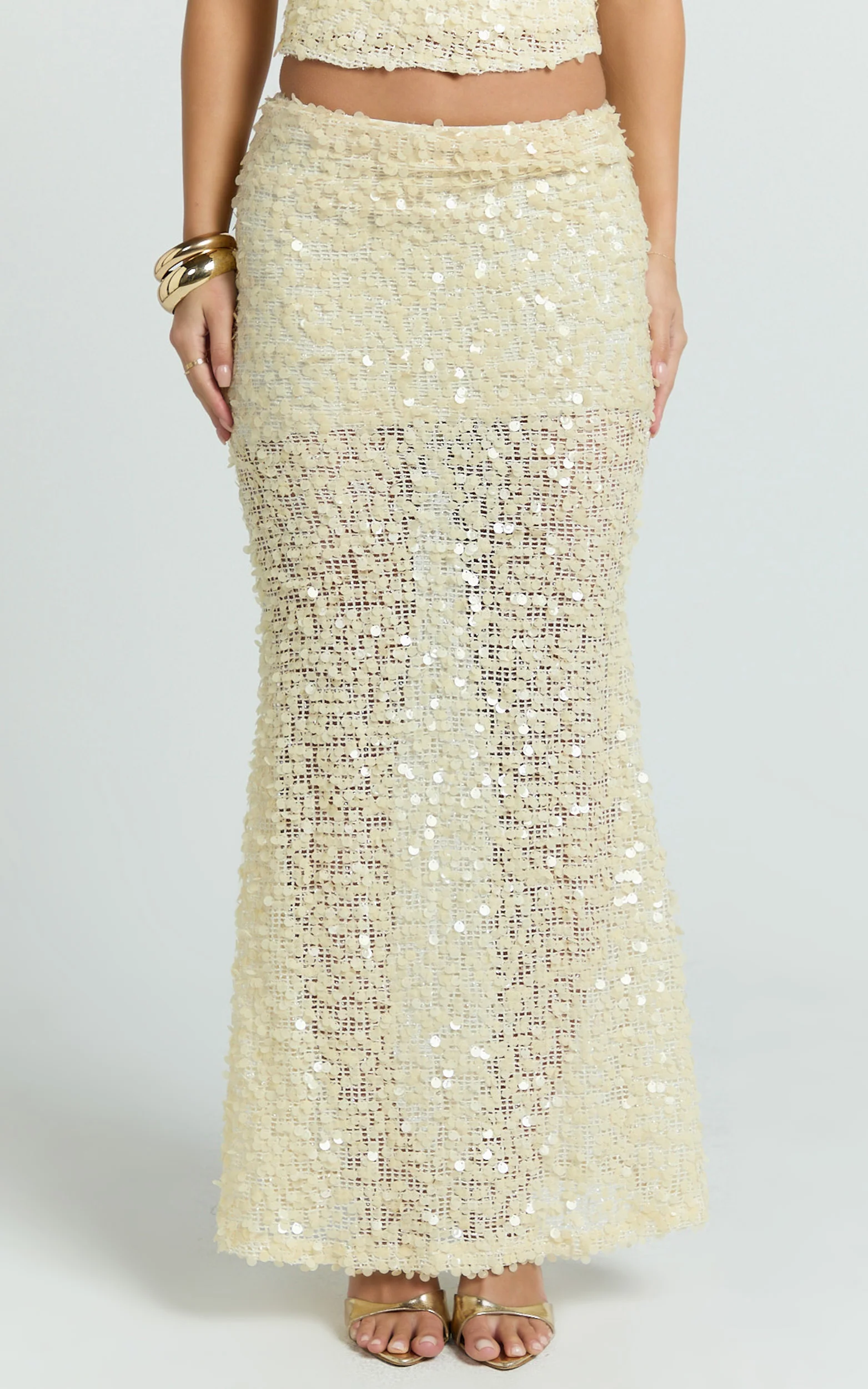 Celeste Maxi Skirt - Sequin Fit And Flare Skirt in Ivory