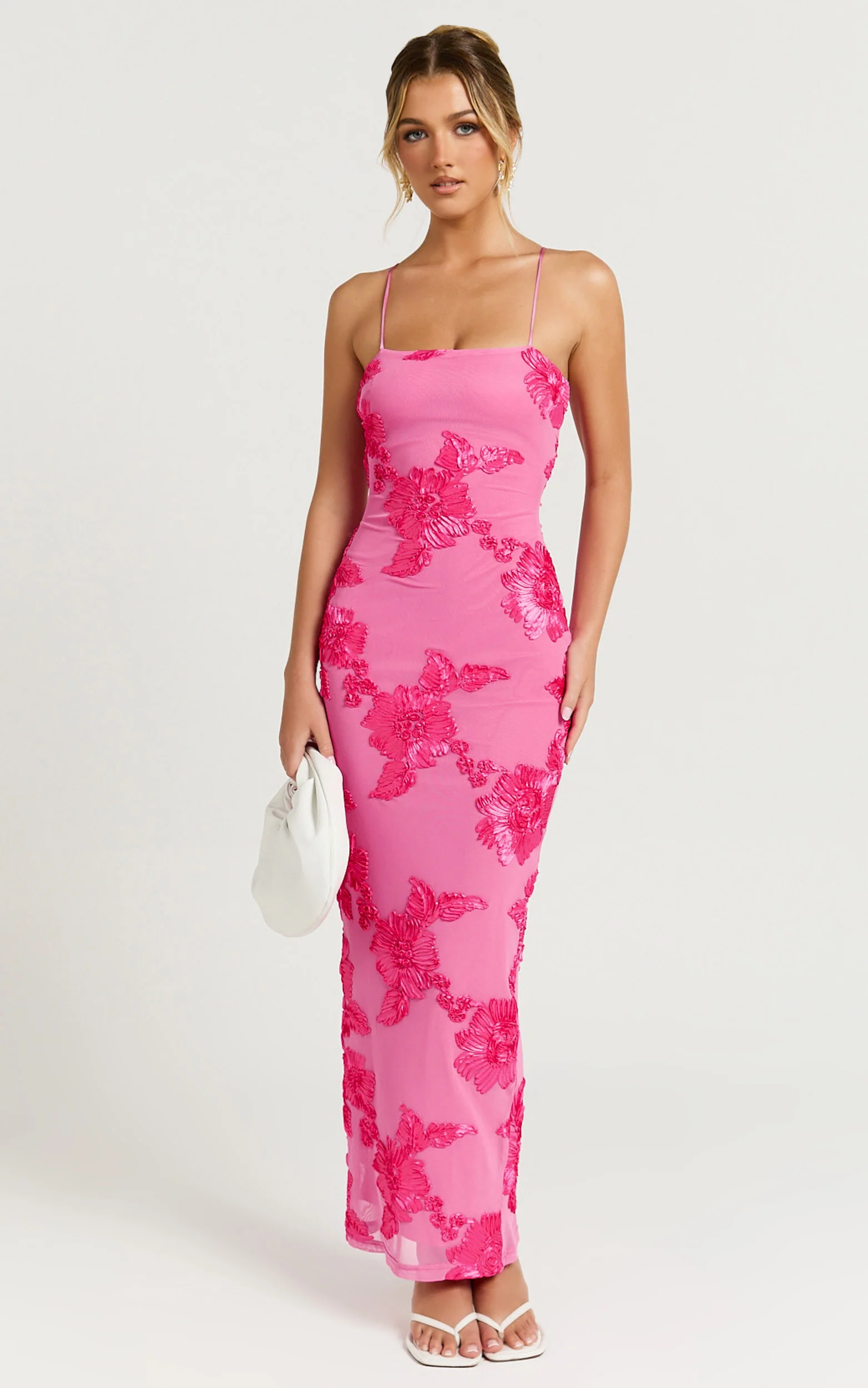 Mina Midi Dress - Embroidered Mesh Dress in Pink