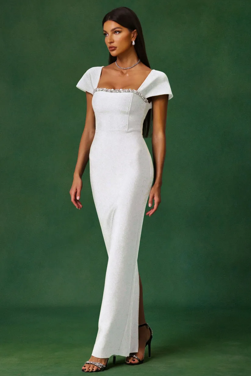 Romelle Diamond Bandage Maxi Dress – Short Sleeve Elegant Gown