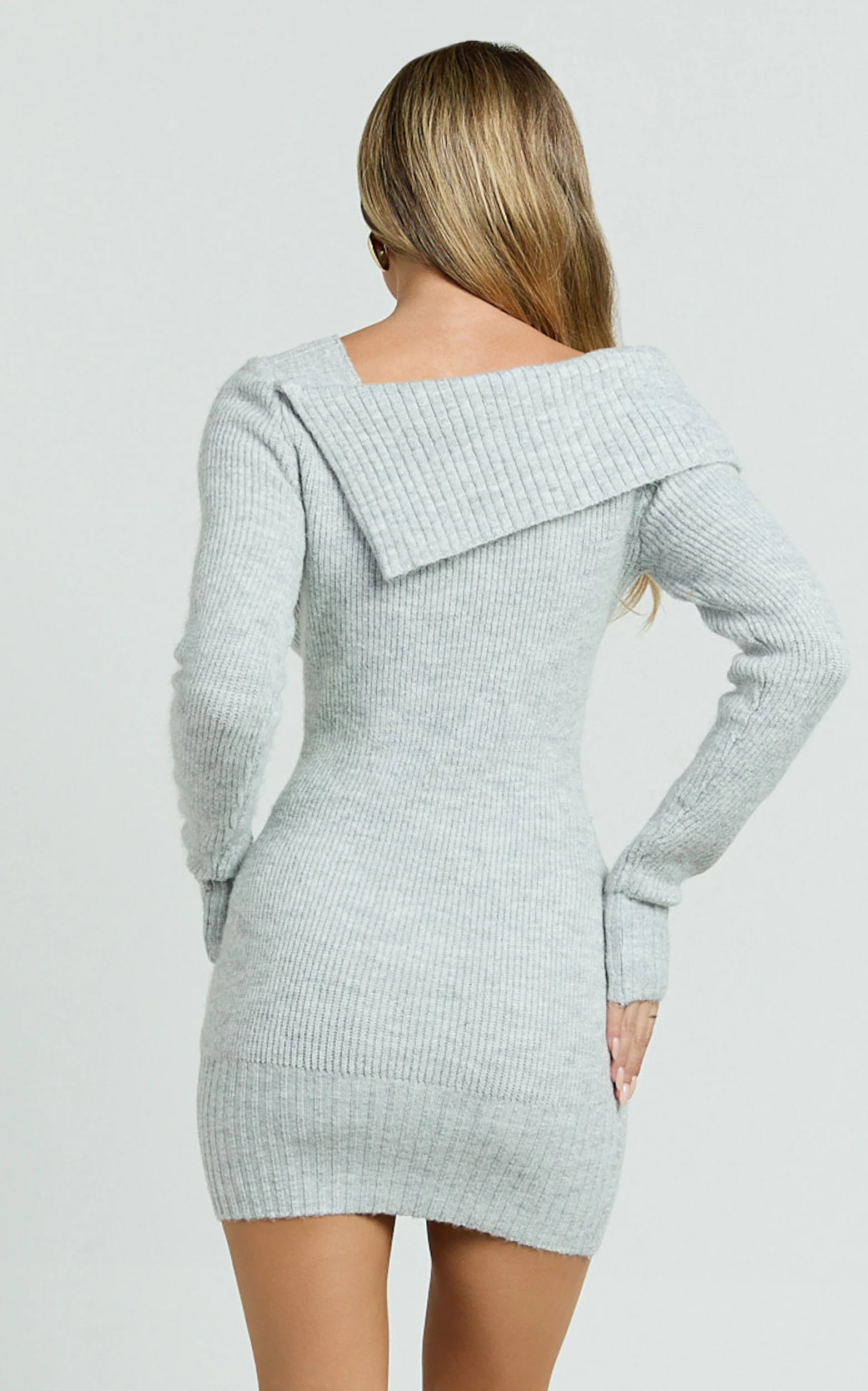 Tess Mini Dress - Asymmetric Off Shoulder Long Sleeve Knit Dress in Light Grey Marl