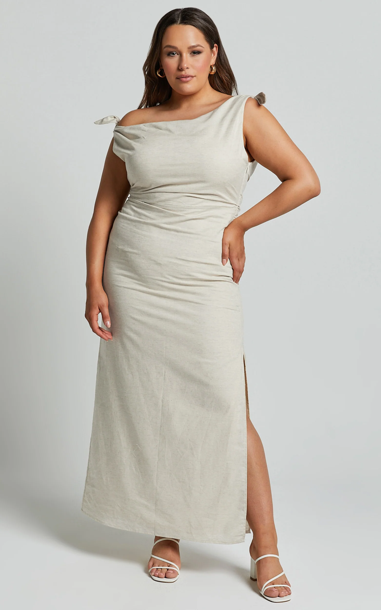 Cincinnati Midi Dress - Off The Shoulder Side Split Column Linen Dress in Beige
