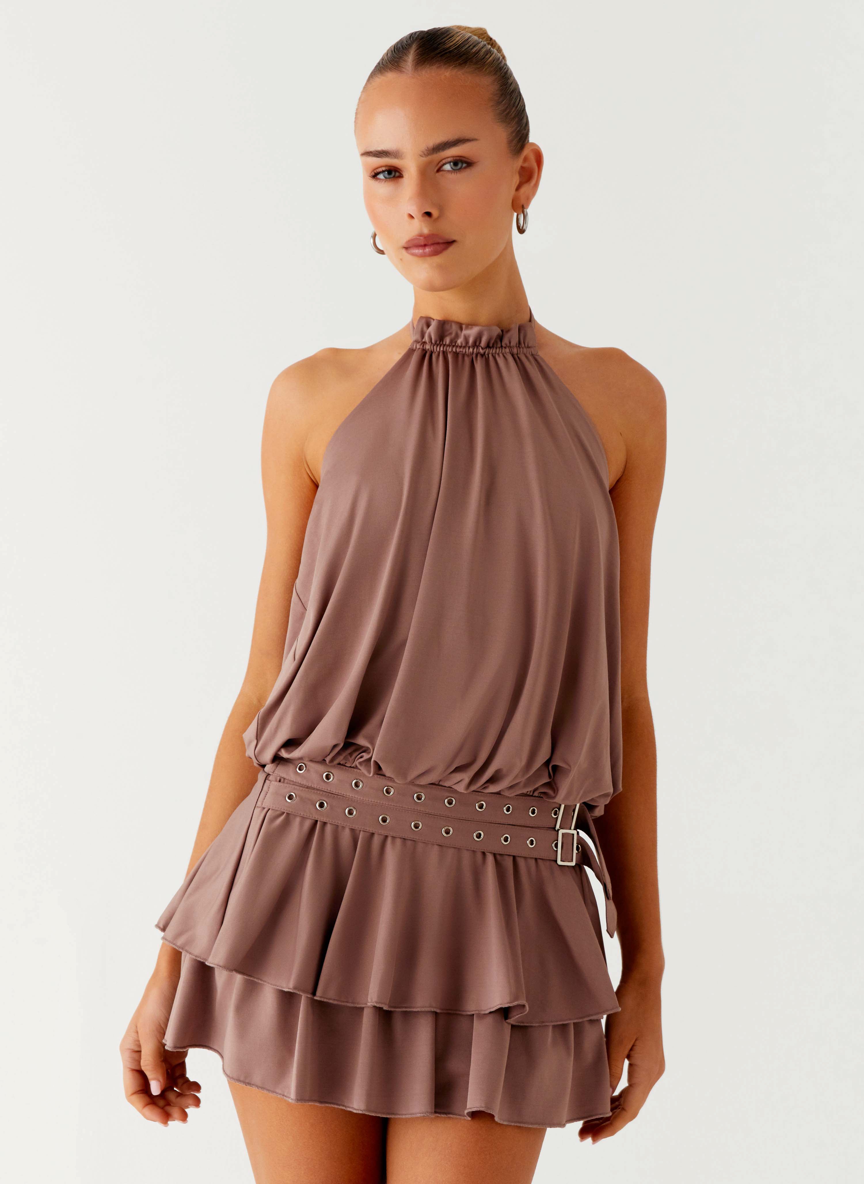 Dopamine Belt Mini Dress - Taupe