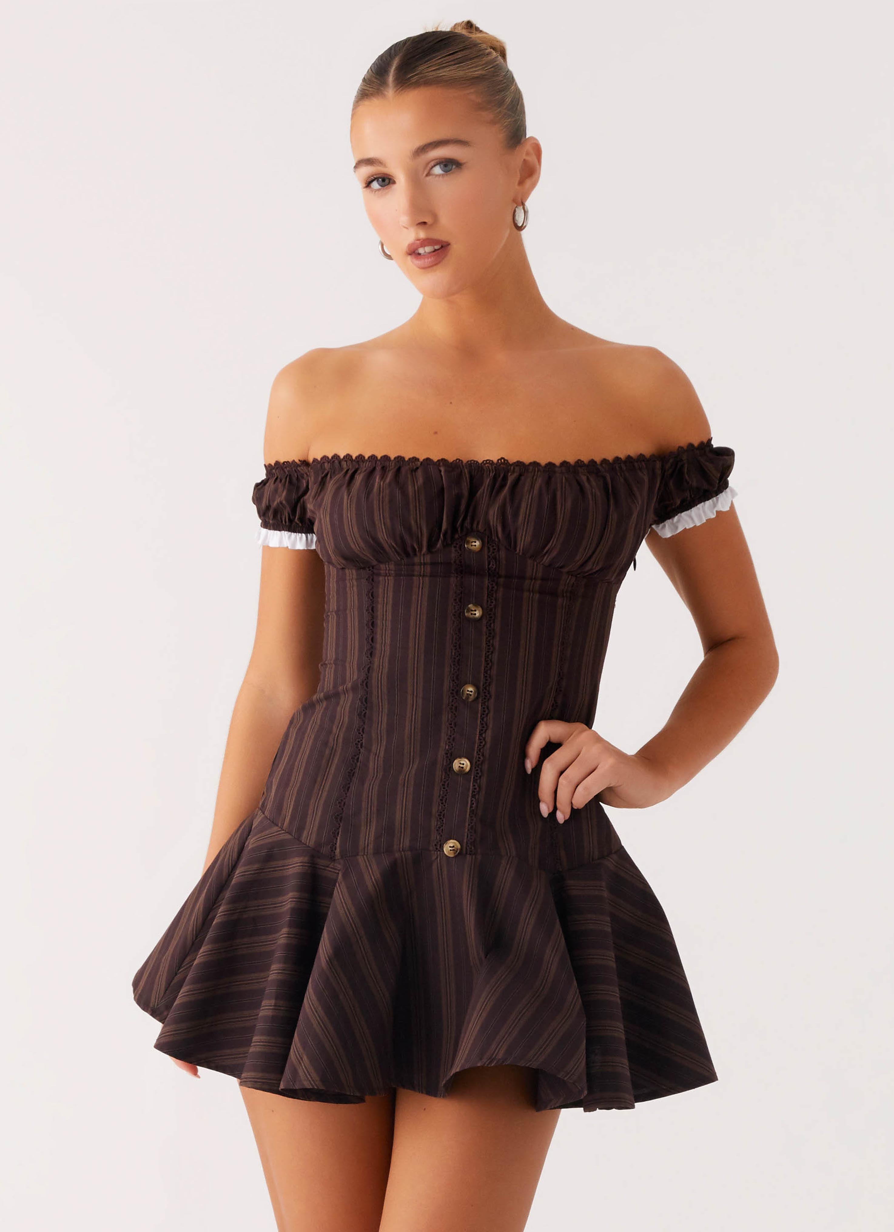 Jumana Off Shoulder Mini Dress - Toffee Stripe