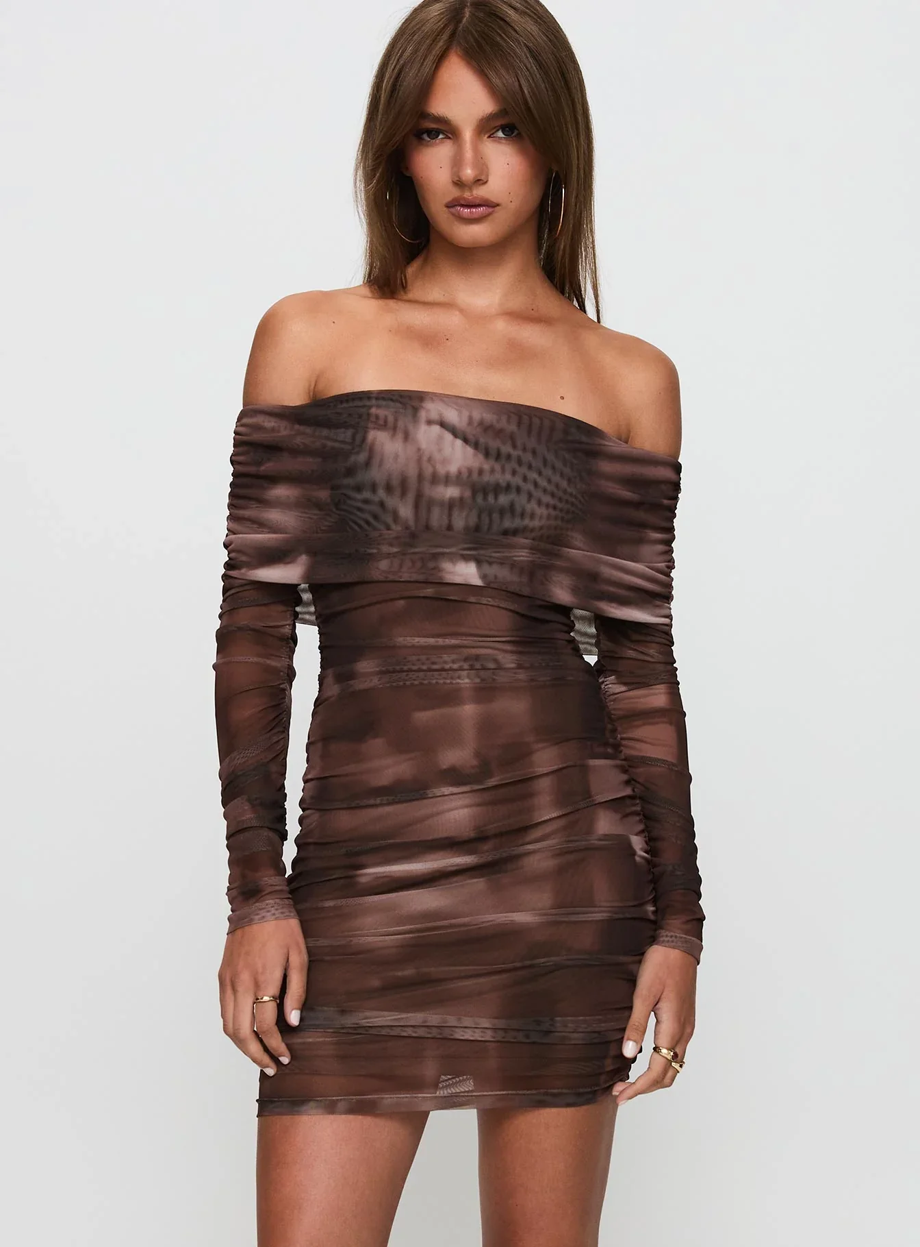 Raquella Long Sleeve Mini Dress Brown