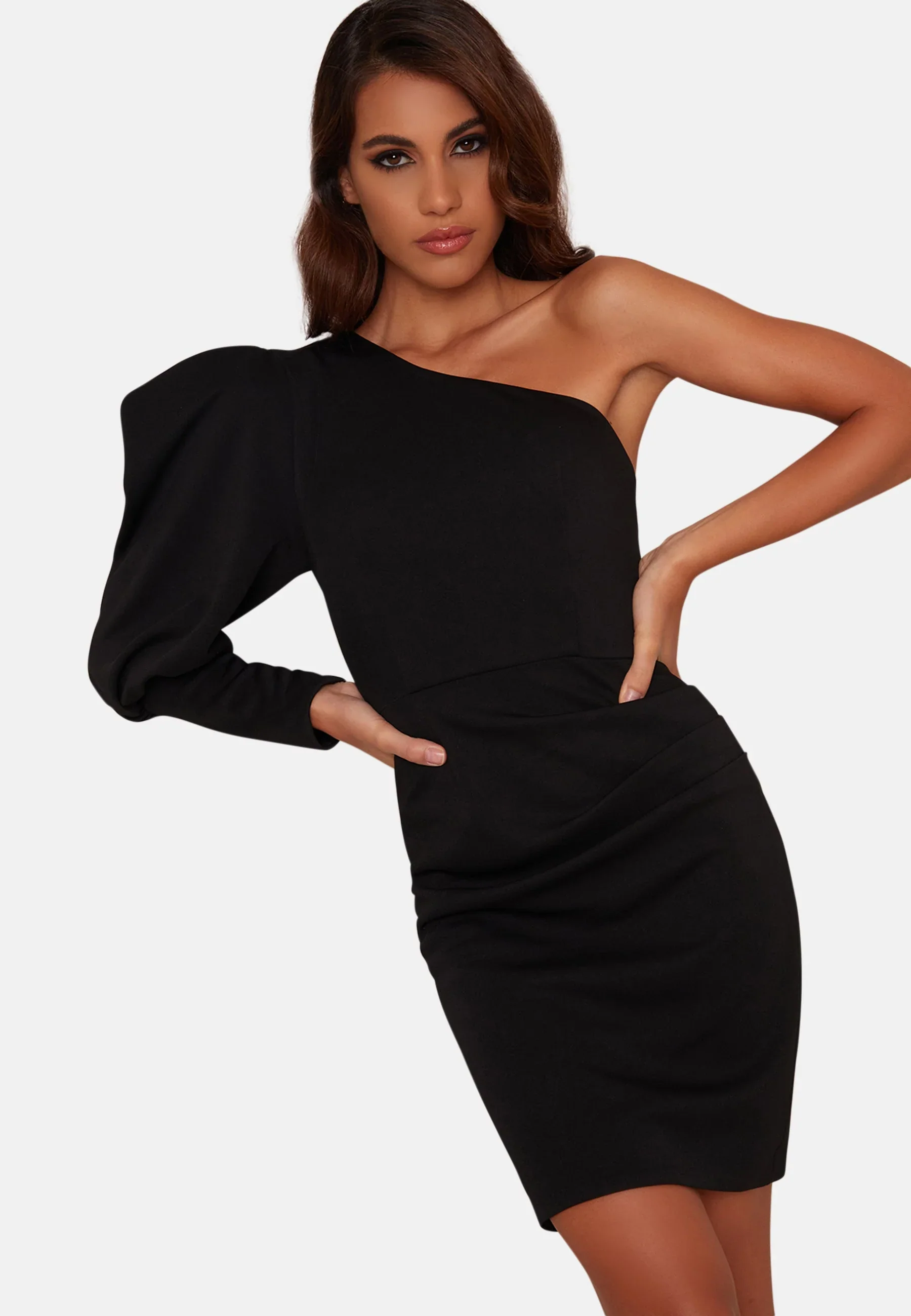 One Shoulder Puff Sleeve Bodycon Mini Dress in Black