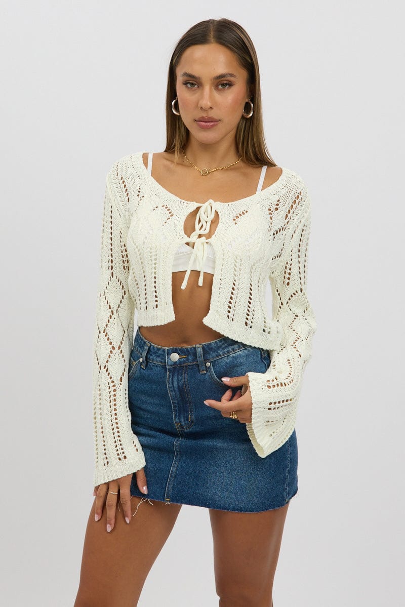 White Crochet Tie Up Cardigan