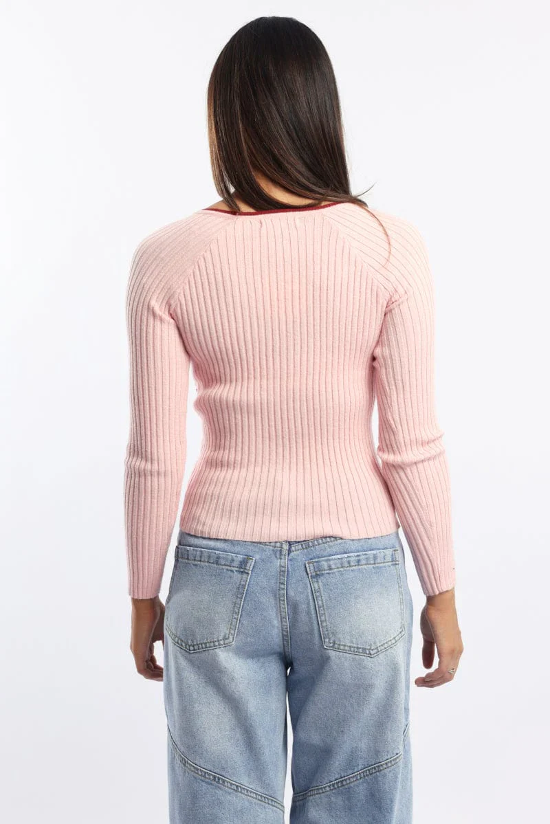Pink Knit Top Long Sleeve Wrap Front Contrast Ribbon