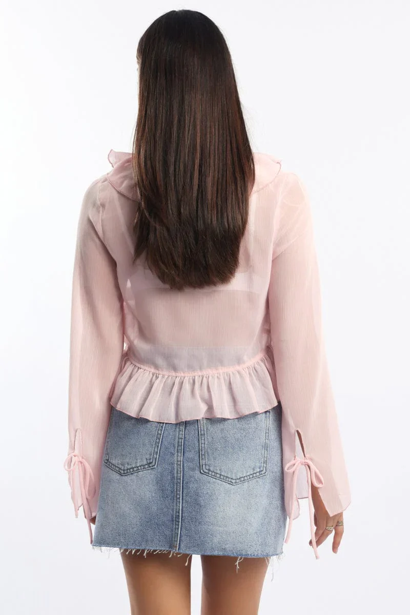 Pink Tie Up Top Long Sleeve V Neck Frilled Romantic