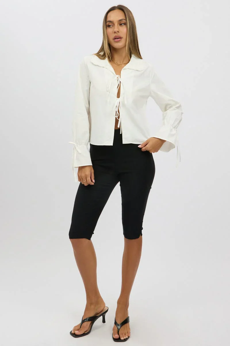 White Tie Up Shirt Long Sleeve Peter Pan Collar
