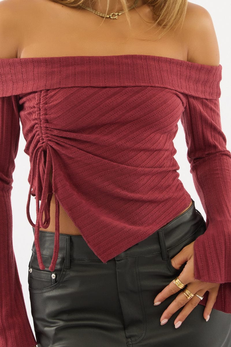 Red Off Shoulder Top Long Sleeve Ruched