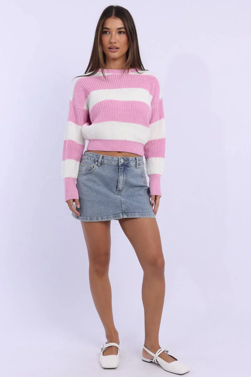 Pink Stripe Knit Top Long Sleeve Color Block