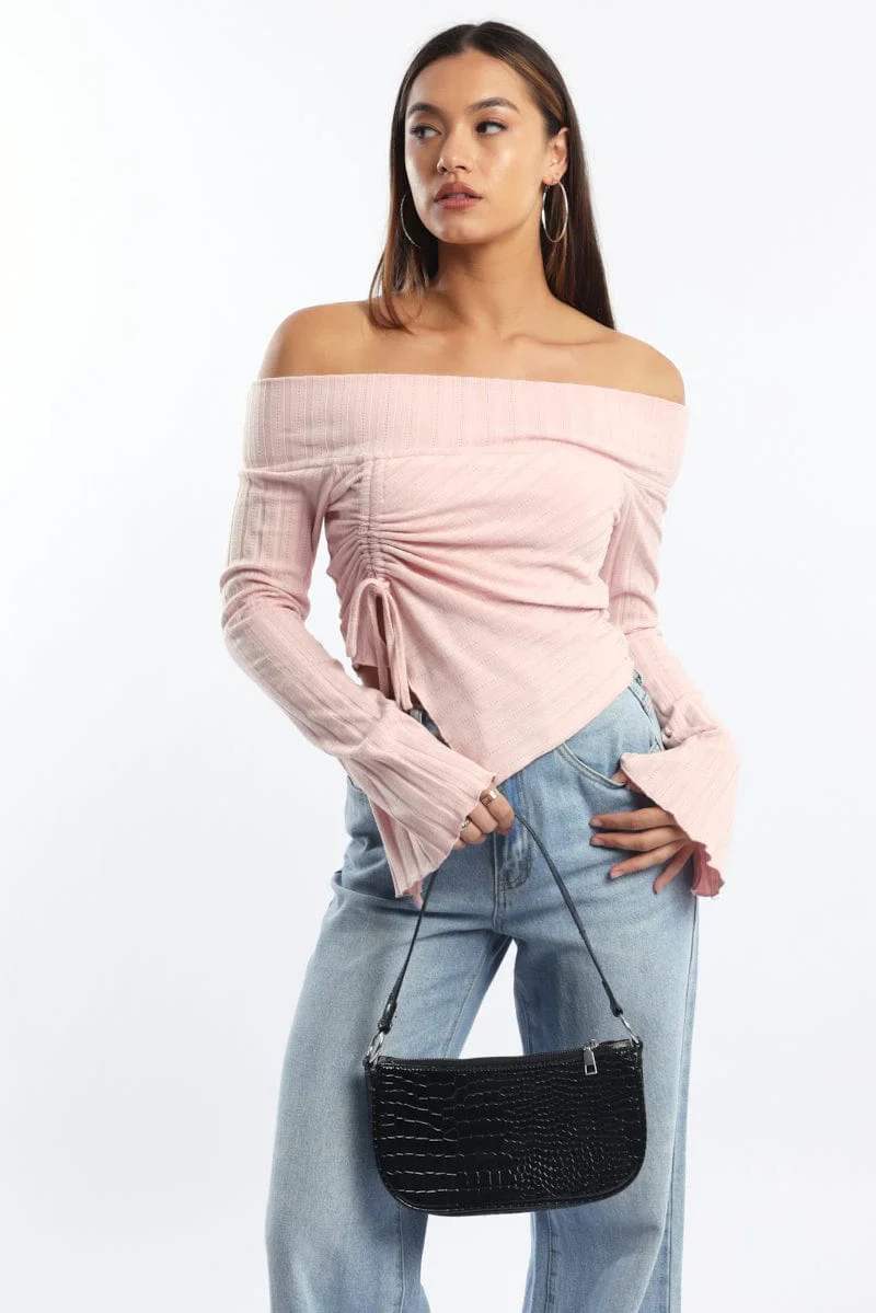 Pink Off Shoulder Top Long Sleeve Ruched