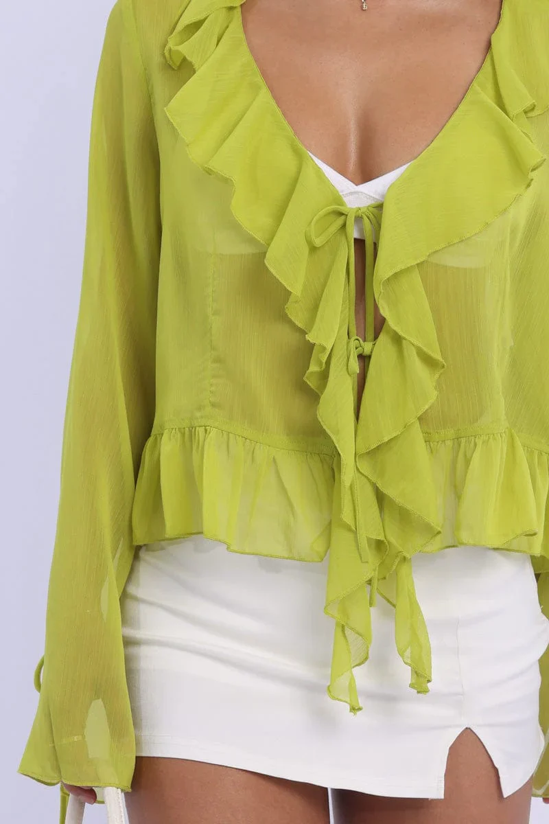 Green Tie Up Top Long Sleeve V Neck Frilled Romantic