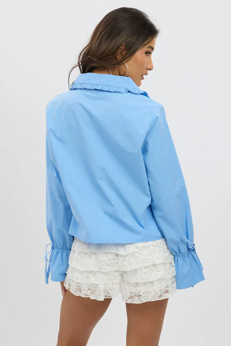 Blue Tie Up Shirt Long Sleeve Peter Pan Collar