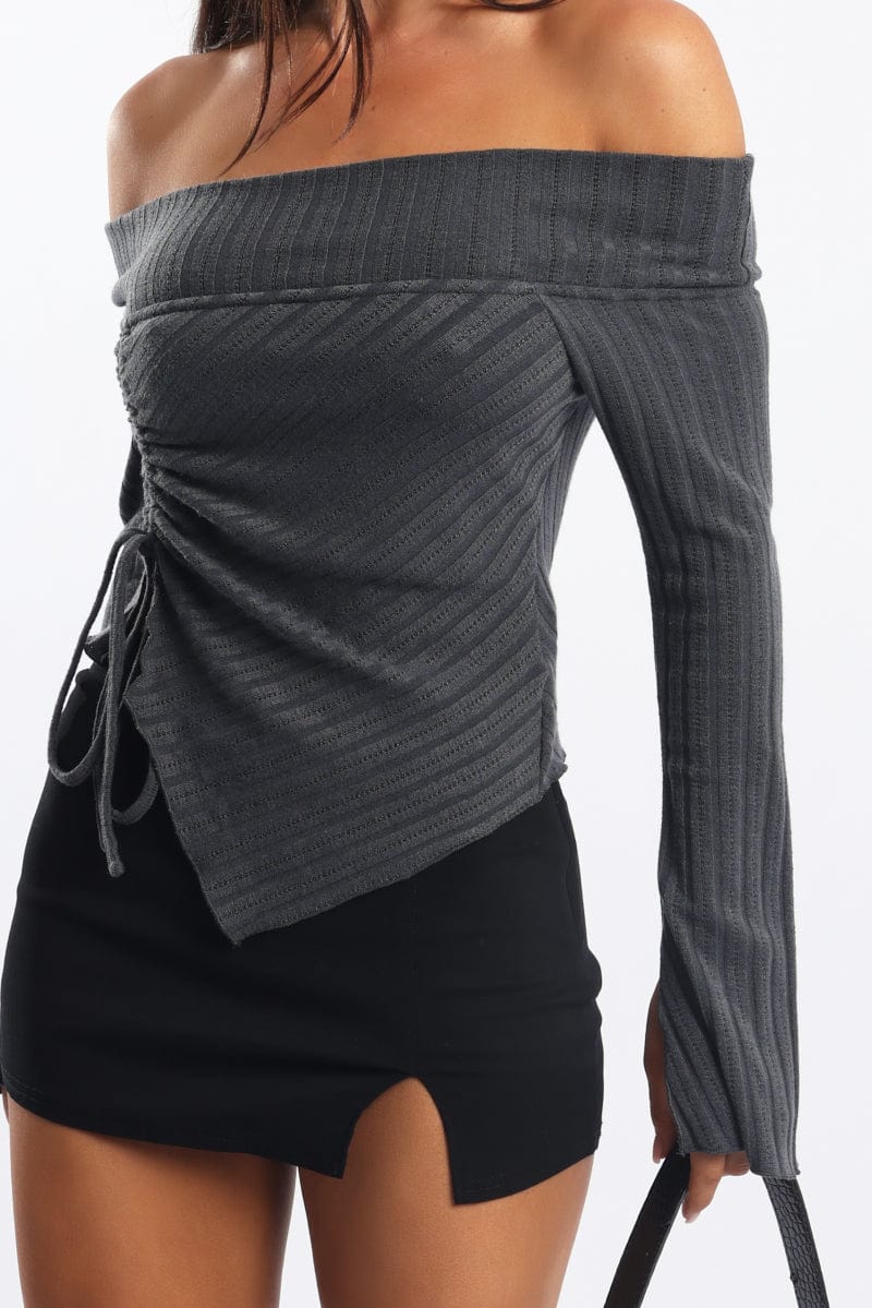 Grey Off Shoulder Top Long Sleeve Ruched
