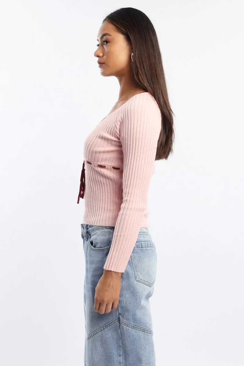 Pink Knit Top Long Sleeve Wrap Front Contrast Ribbon