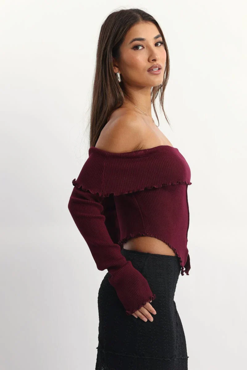 Red Bardot Knit Top Long Sleeve Open Front