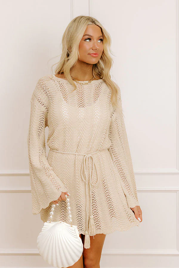 Oceanside Dreaming Pointelle Knit Mini Dress in Oatmeal