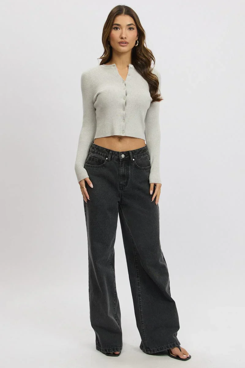 Grey Knit Cardigan Long Sleeve Crew Neck Button Up