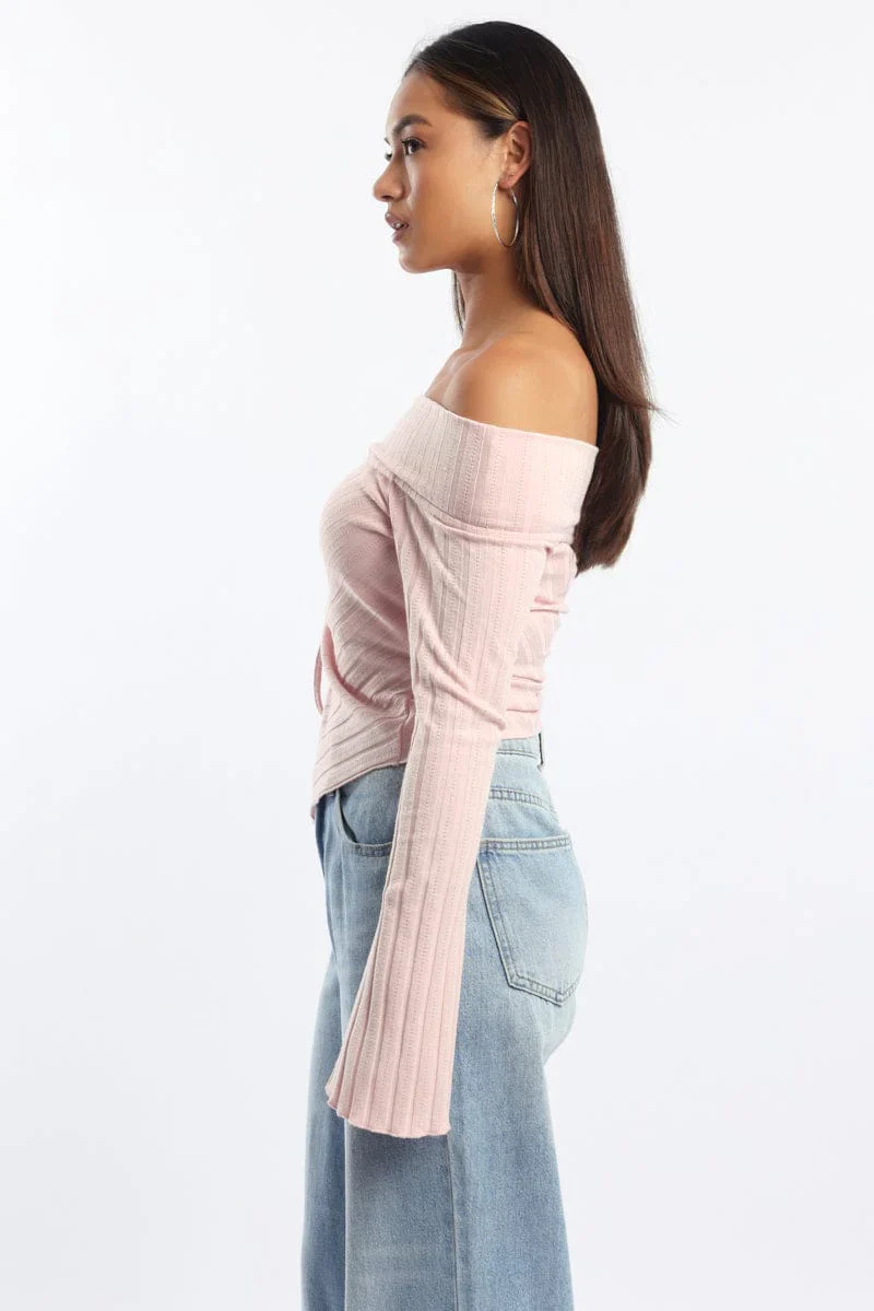 Pink Off Shoulder Top Long Sleeve Ruched