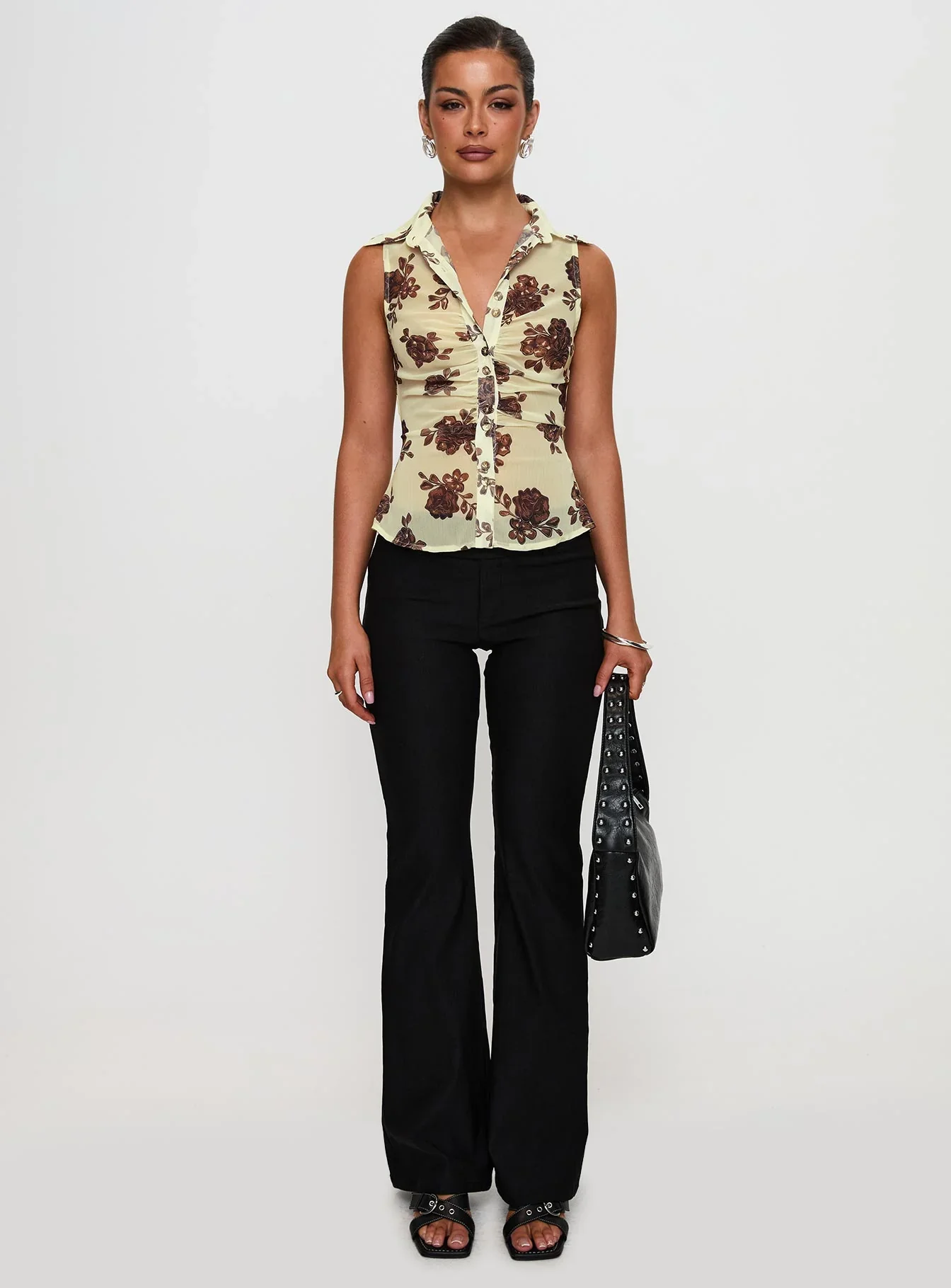 Present Tense Sheer Ruched Top Yellow Floral